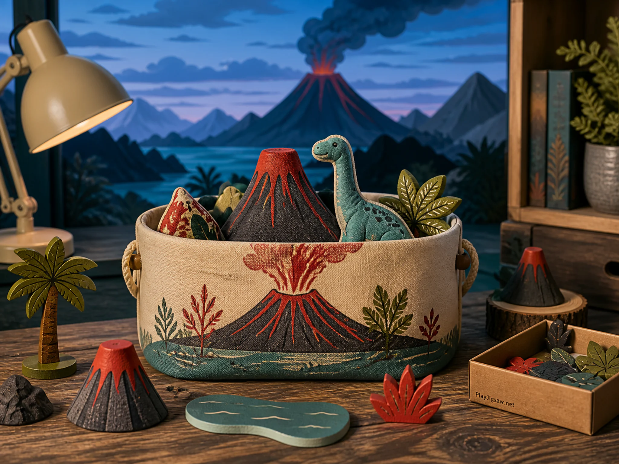 Volcano Desk set up around fabric prop basket in a miniature storytelling corner, with layered scenery and cool blue-hour light.