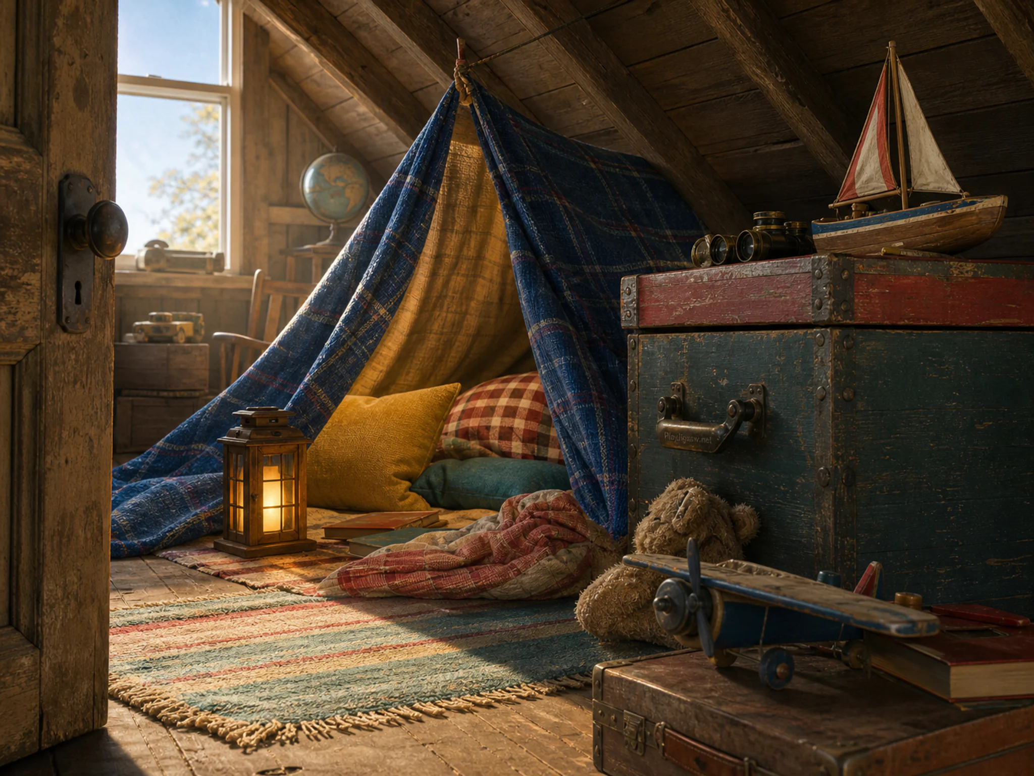 attic camp set up naturally beside a small wooden lantern in a blanket attic camp beside a familiar toy chest, with familiar objects and clear early-morning light.