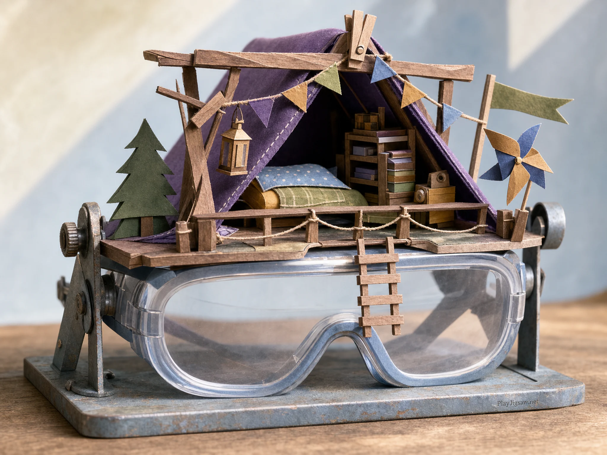 Attic Camp taking shape on clear safety goggles in a miniature storytelling corner, with layered scenery and clear early morning light.