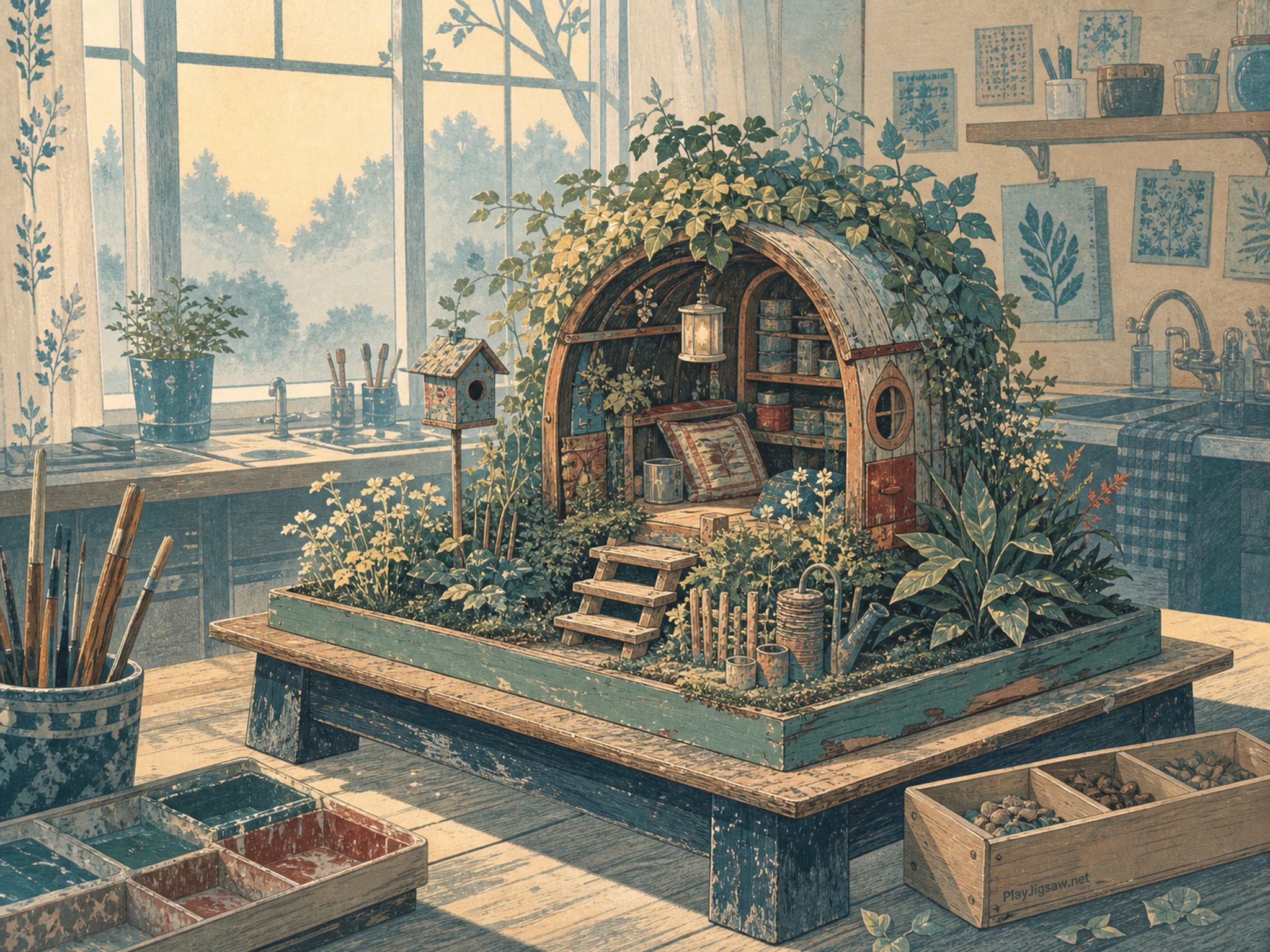 Garden Hideout set up around small assembly stand in a washable art classroom, with layered scenery and calm misty dawn.