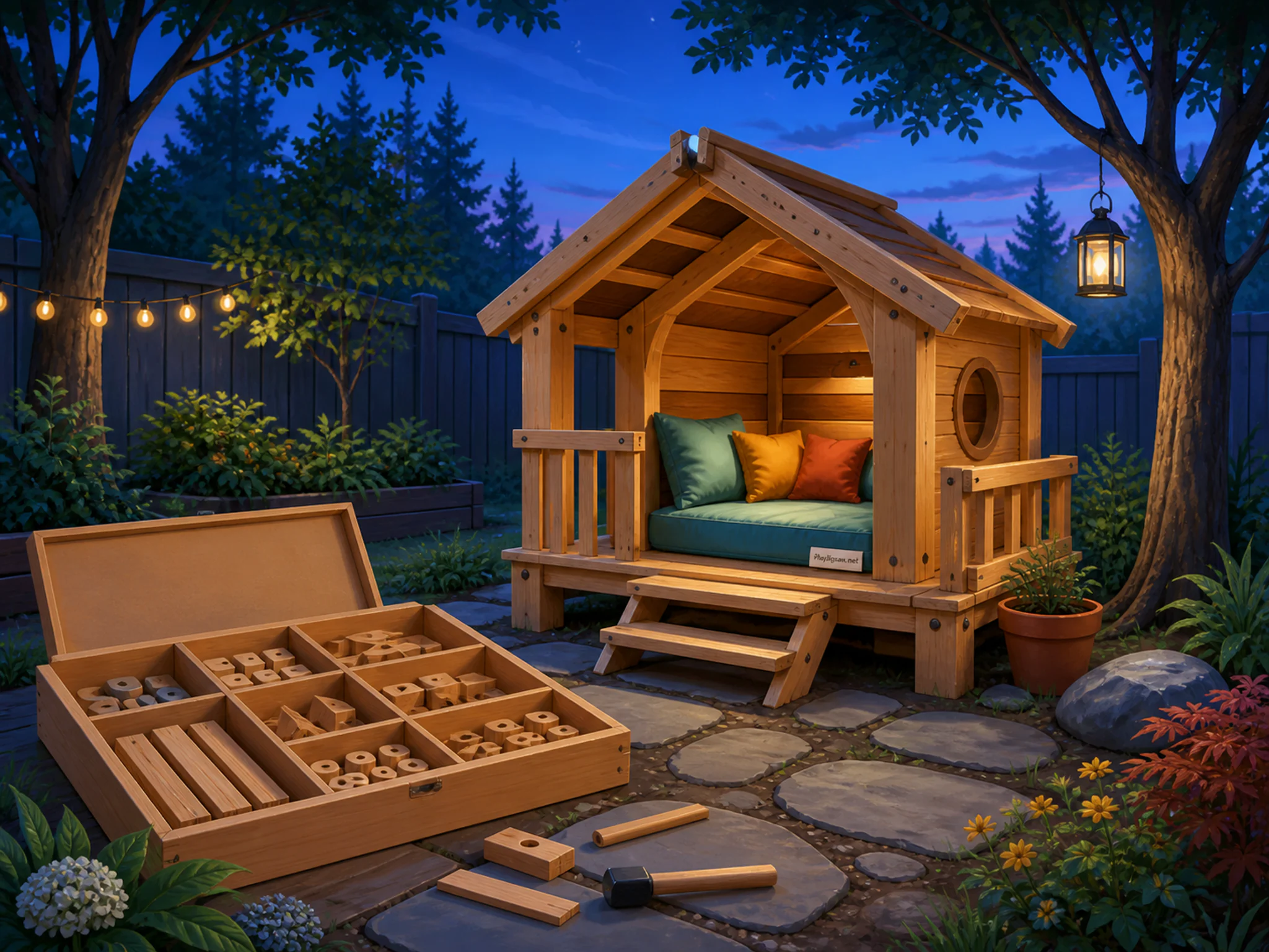 Garden Hideout being tested beside sorted wooden parts box in a bright outdoor play space, with layered scenery and cool blue-hour light.