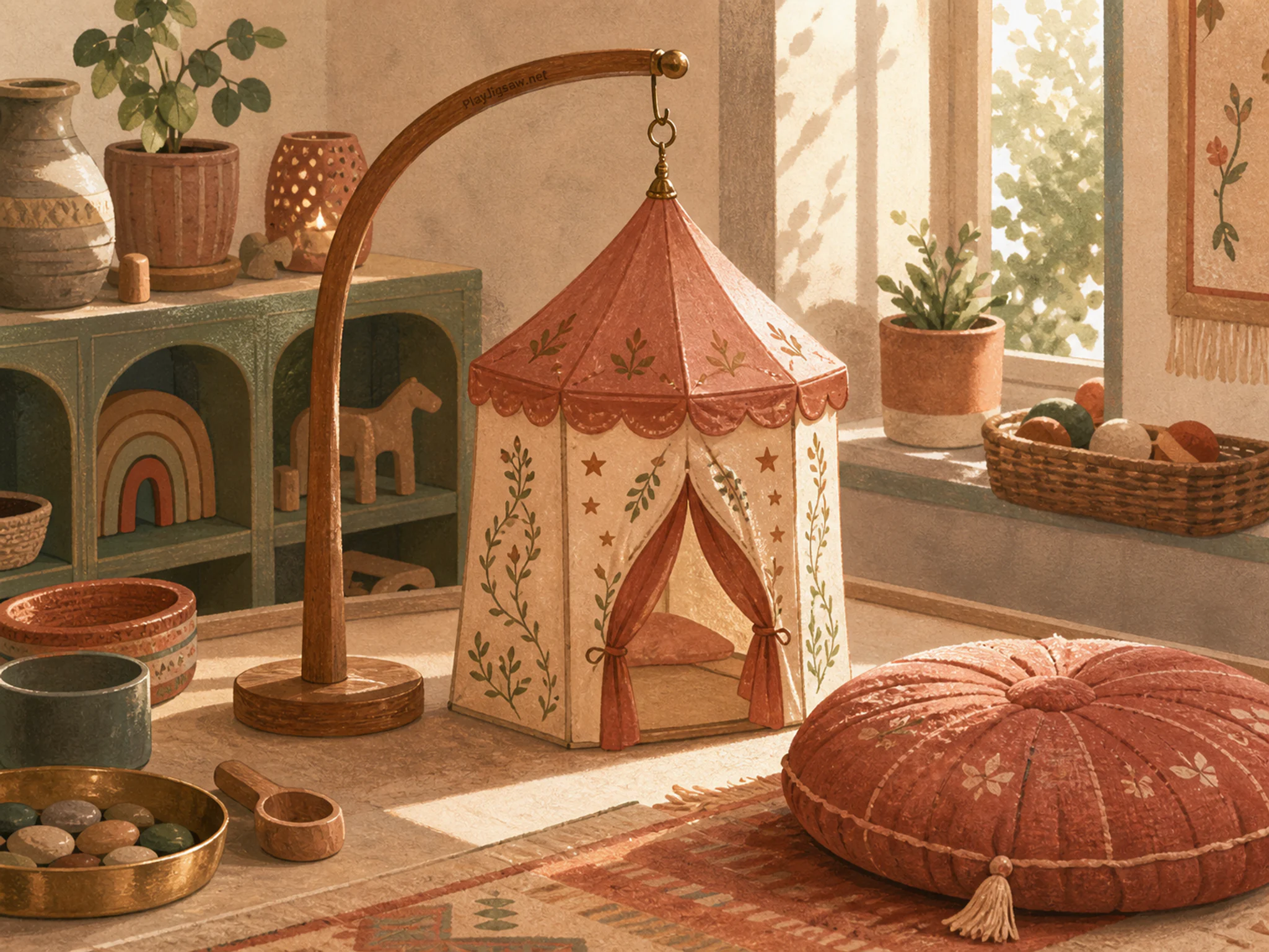 Lantern Fort drying near soft floor cushion in a supervised discovery table, with layered scenery and warm late-day sunlight.