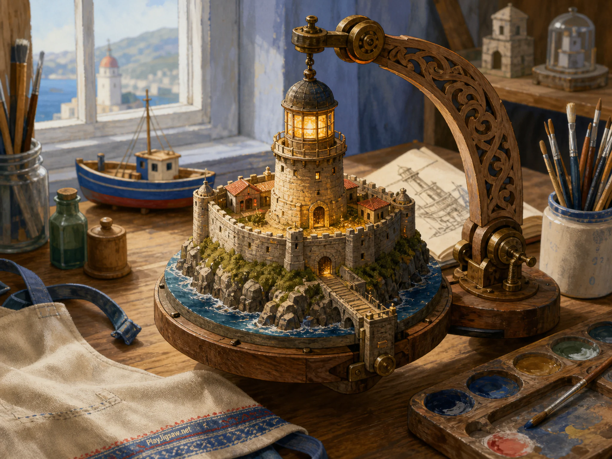 Lantern Fort waiting behind carved mobile arm in a careful model workshop, with layered scenery and clear early morning light.