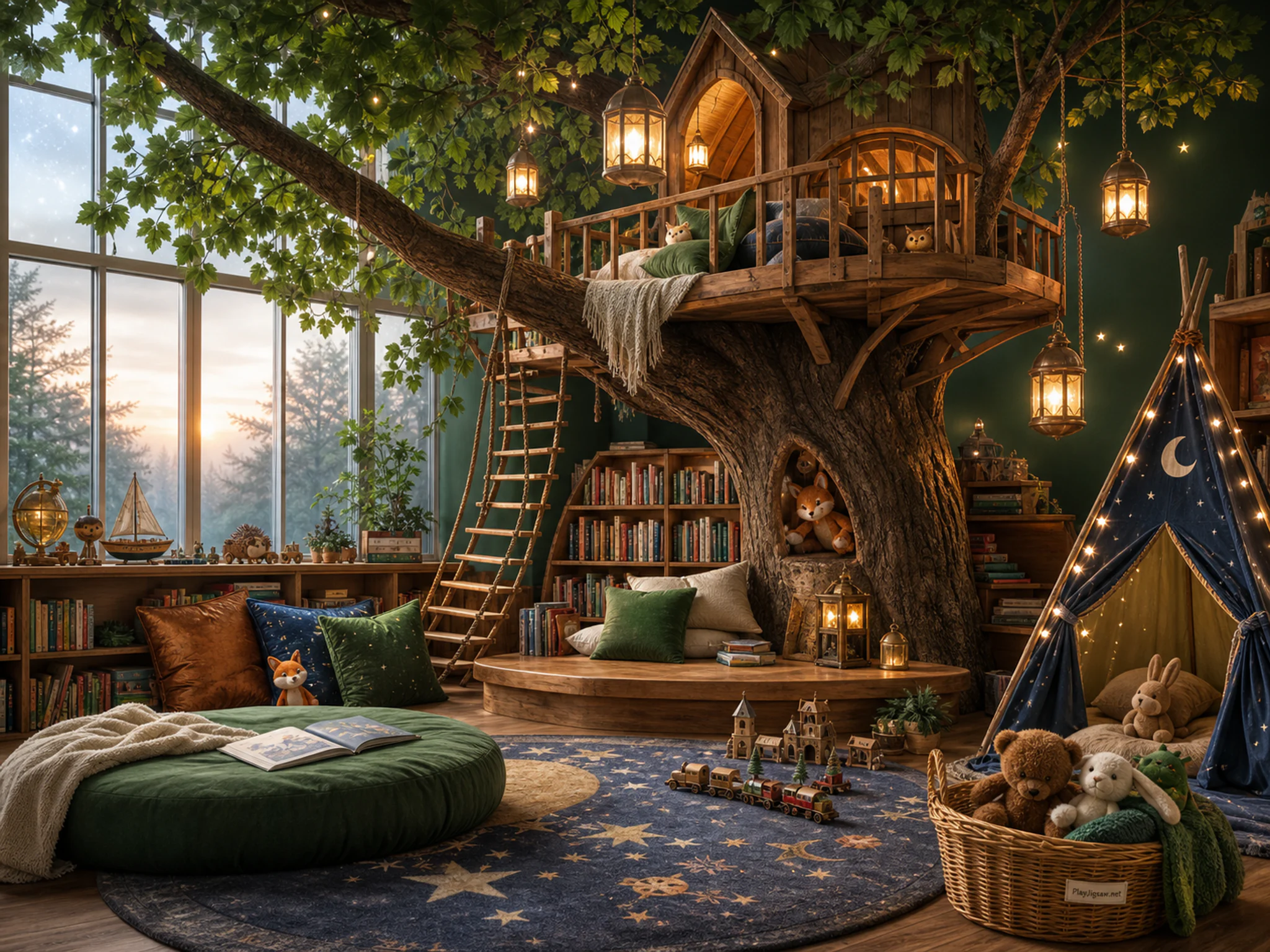 Reading Treehouse turning above paint-splashed apron in a colorful playroom floor, with layered scenery and calm misty dawn.