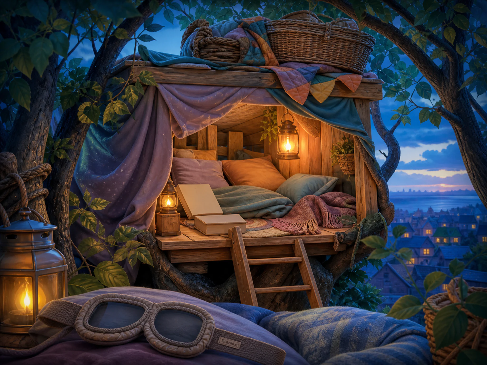 Reading Treehouse tucked beneath fabric prop basket in a cozy child-built hideaway, with layered scenery and cool blue-hour light.