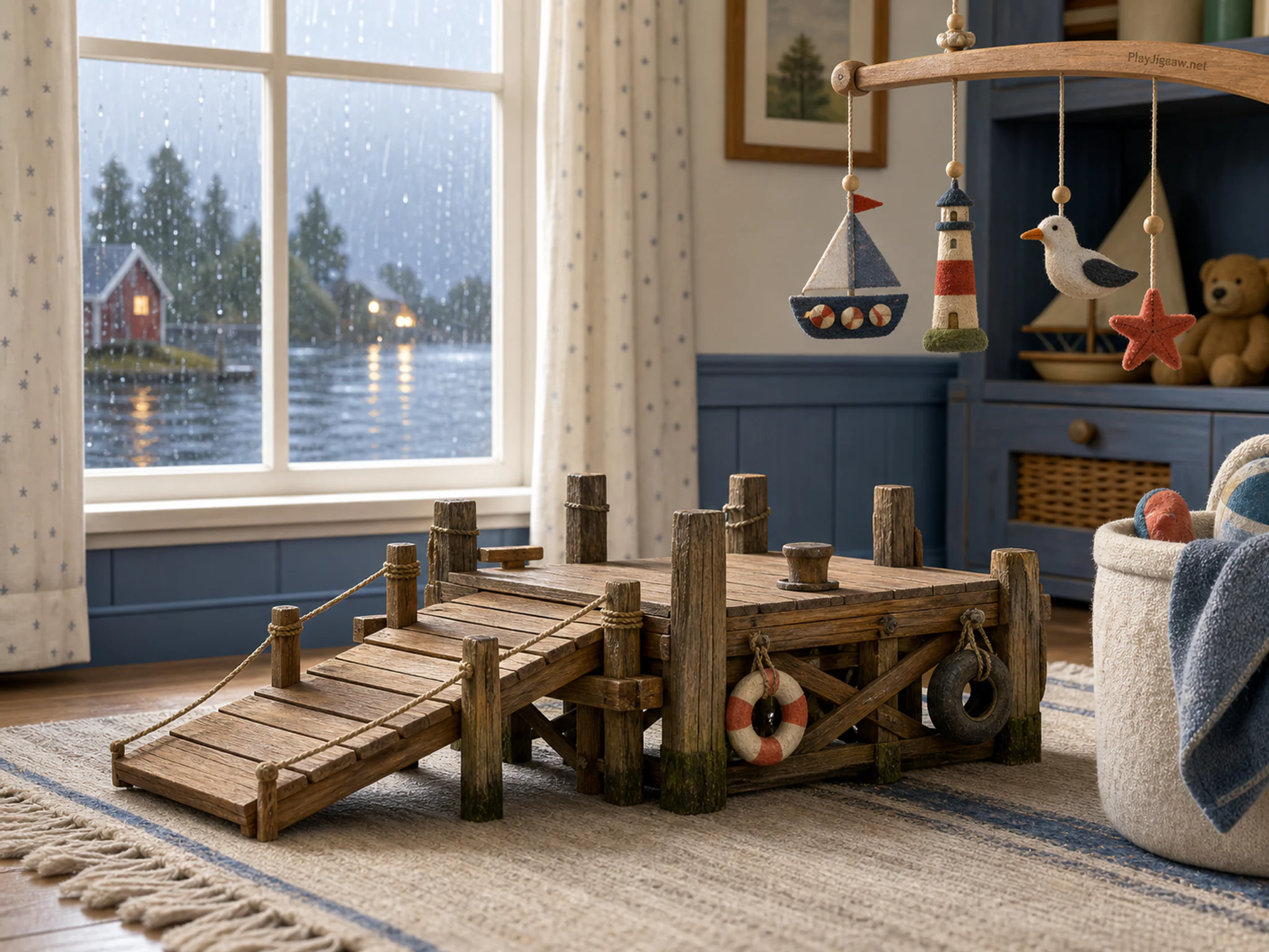 Ferry Dock Set drying near fabric prop basket in a calm nursery room, with layered scenery and gentle rain with crisp reflections.