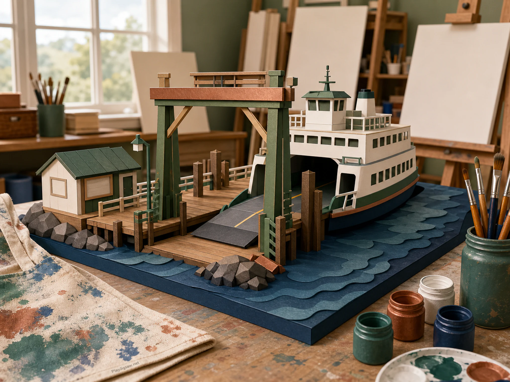 Ferry Dock Set waiting behind paint-splashed apron in a washable art classroom, with layered scenery and soft overcast afternoon.
