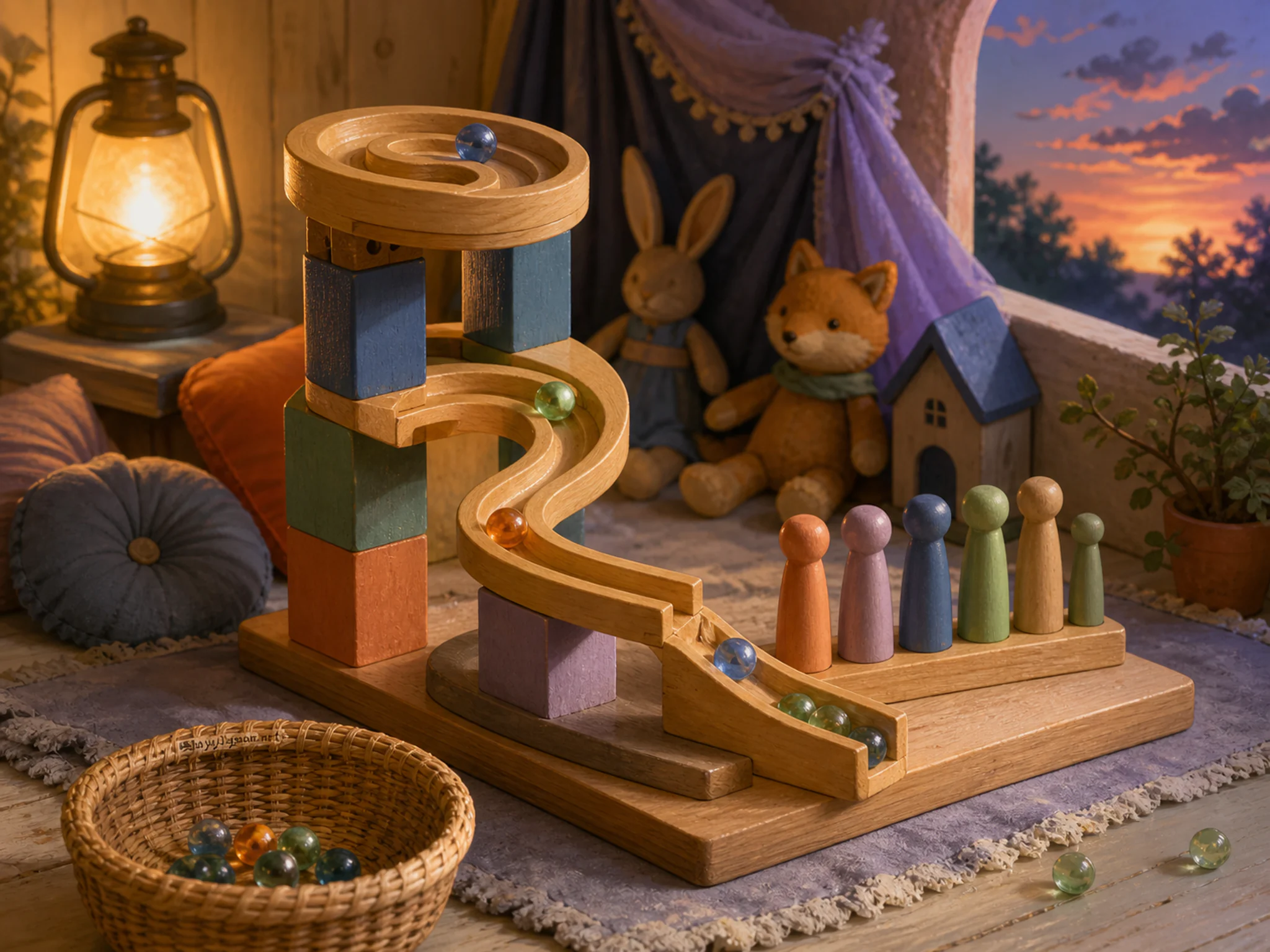 Marble Run turning above painted score peg in a miniature storytelling corner, with layered scenery and golden lamplight at dusk.