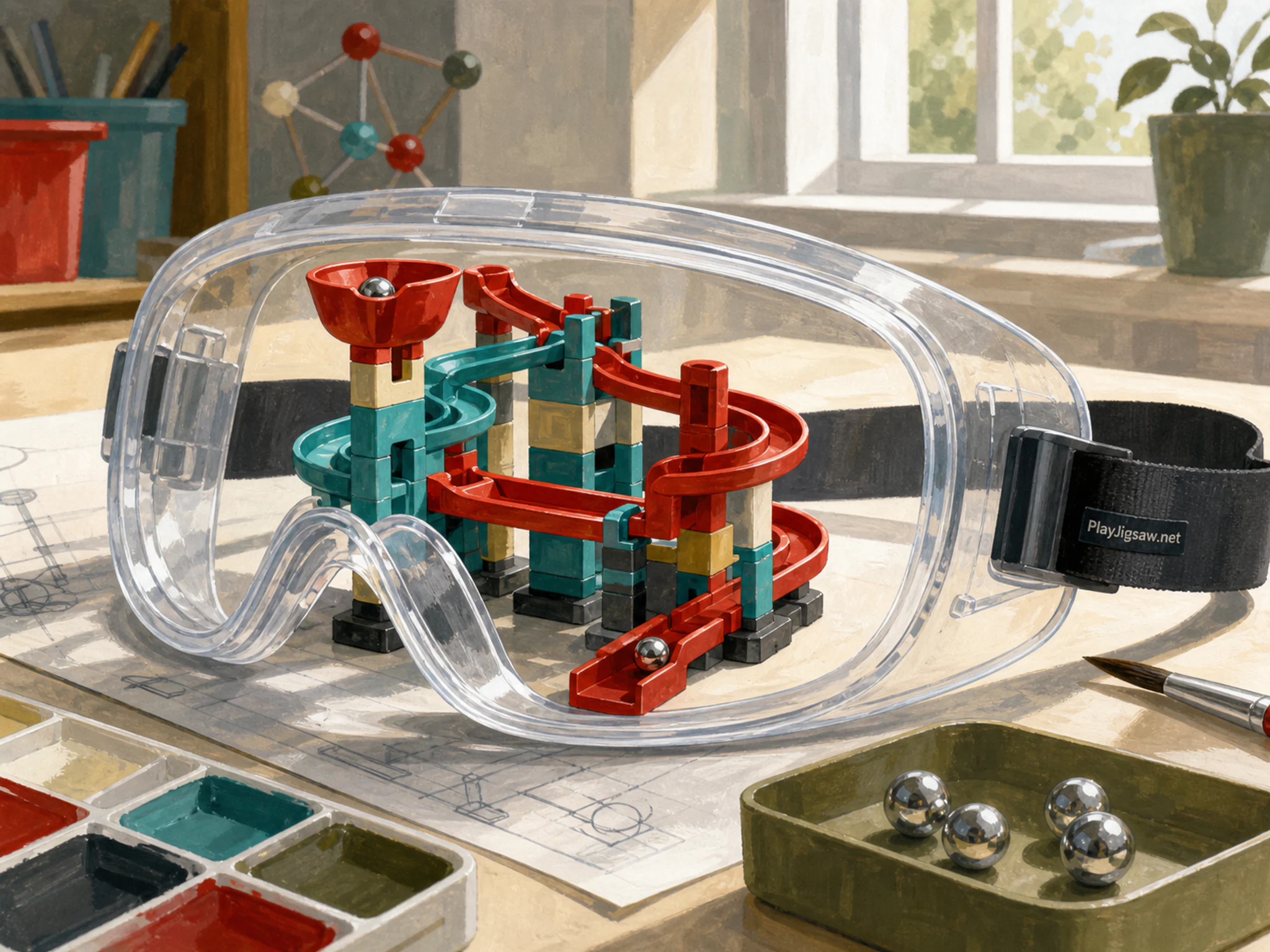 Marble Run tucked beneath clear safety goggles in a supervised discovery table, with layered scenery and bright diffused window light.