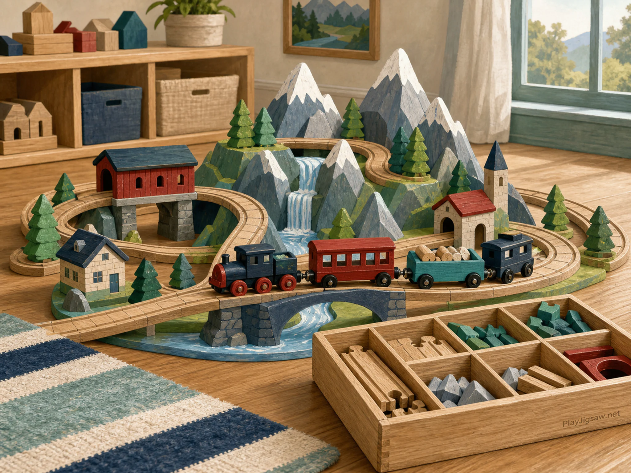 Mountain Train Set assembled across sorted wooden parts box in a colorful playroom floor, with layered scenery and soft overcast afternoon.