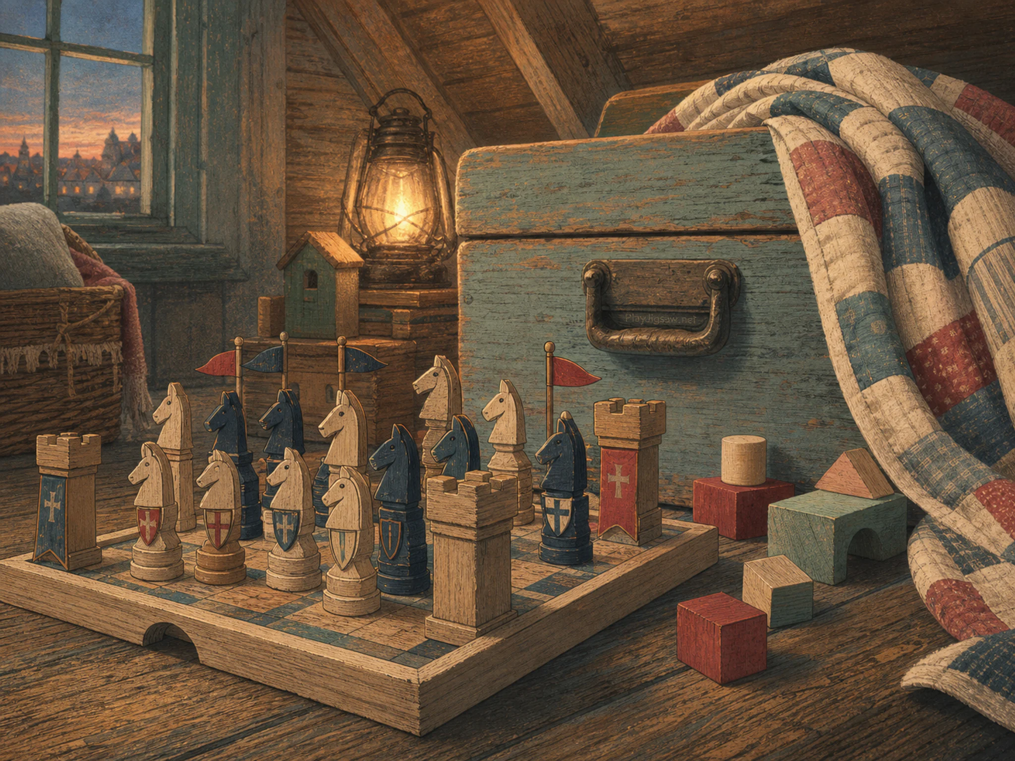 wooden knight game set up naturally beside a cloth doll blanket with no character in an attic toy-chest corner with building blocks, with familiar objects and warm lamplight at.