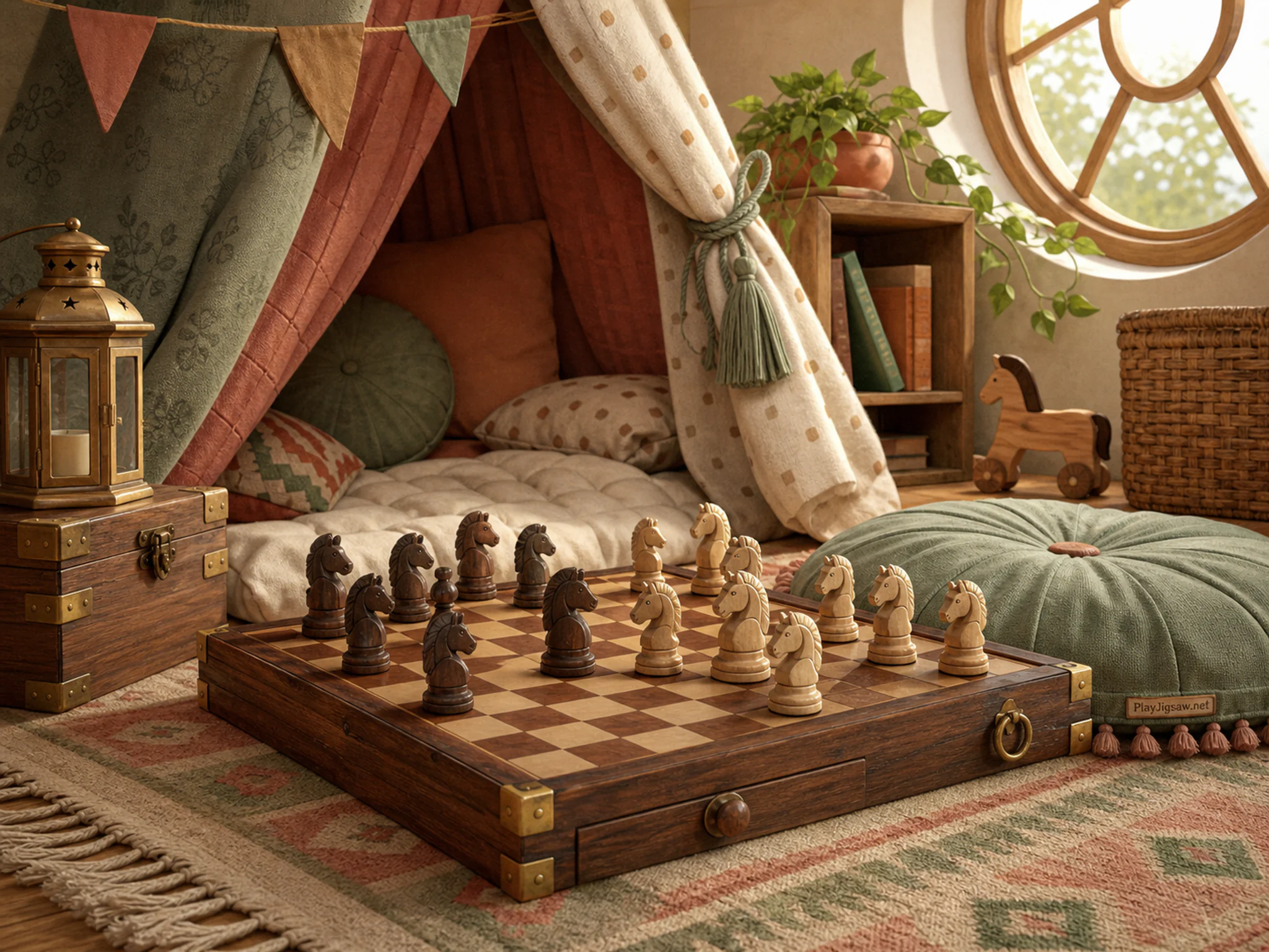 Wooden Knight Game being tested beside soft floor cushion in a cozy child-built hideaway, with layered scenery and bright diffused window light.
