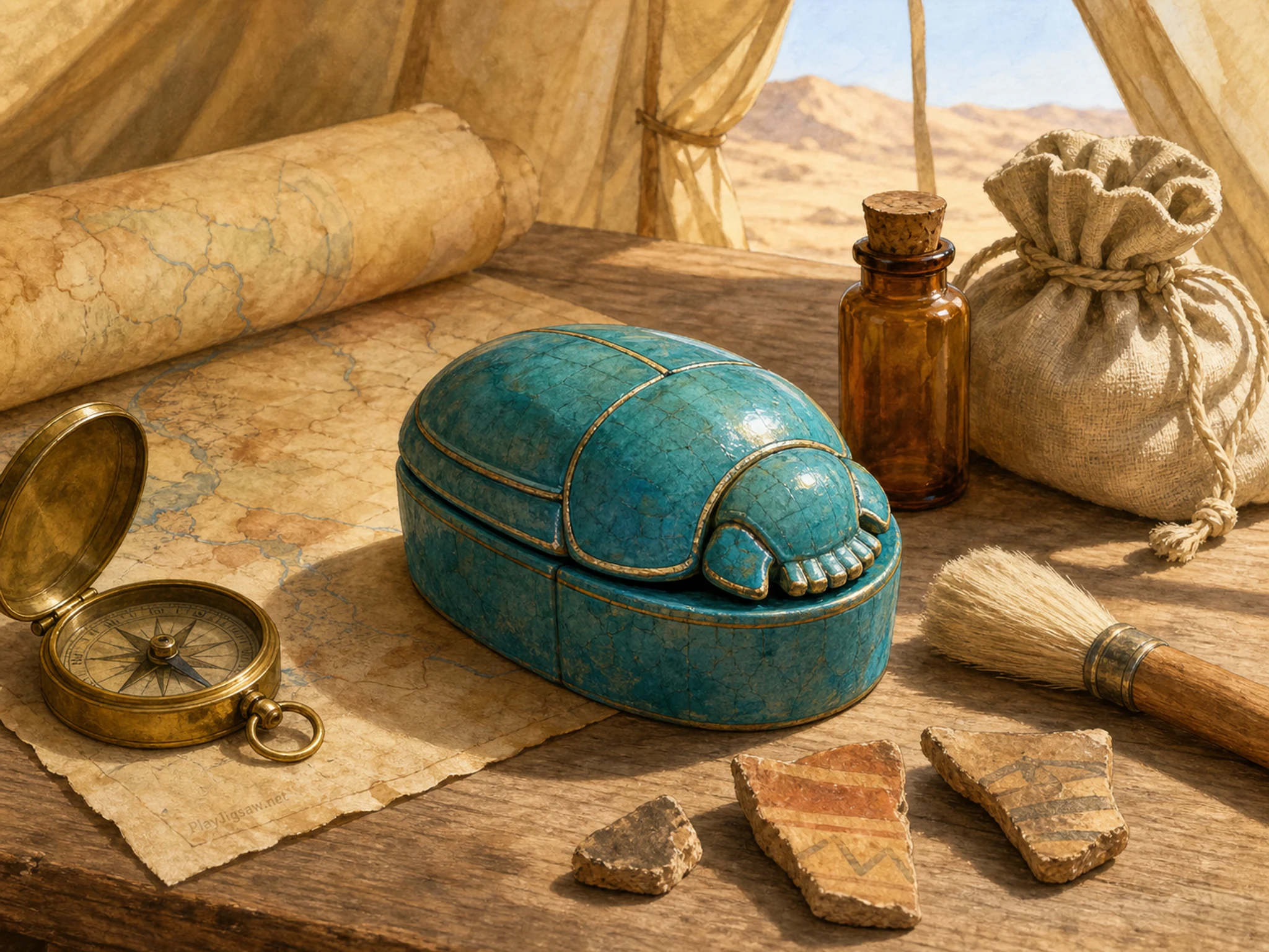 A sunlit desert expedition table with a turquoise ceramic scarab box, brass compass, parchment map, amber vial, soft brush, pottery shards, linen pouch, and a tiny faded in-world maker mark on the map corner