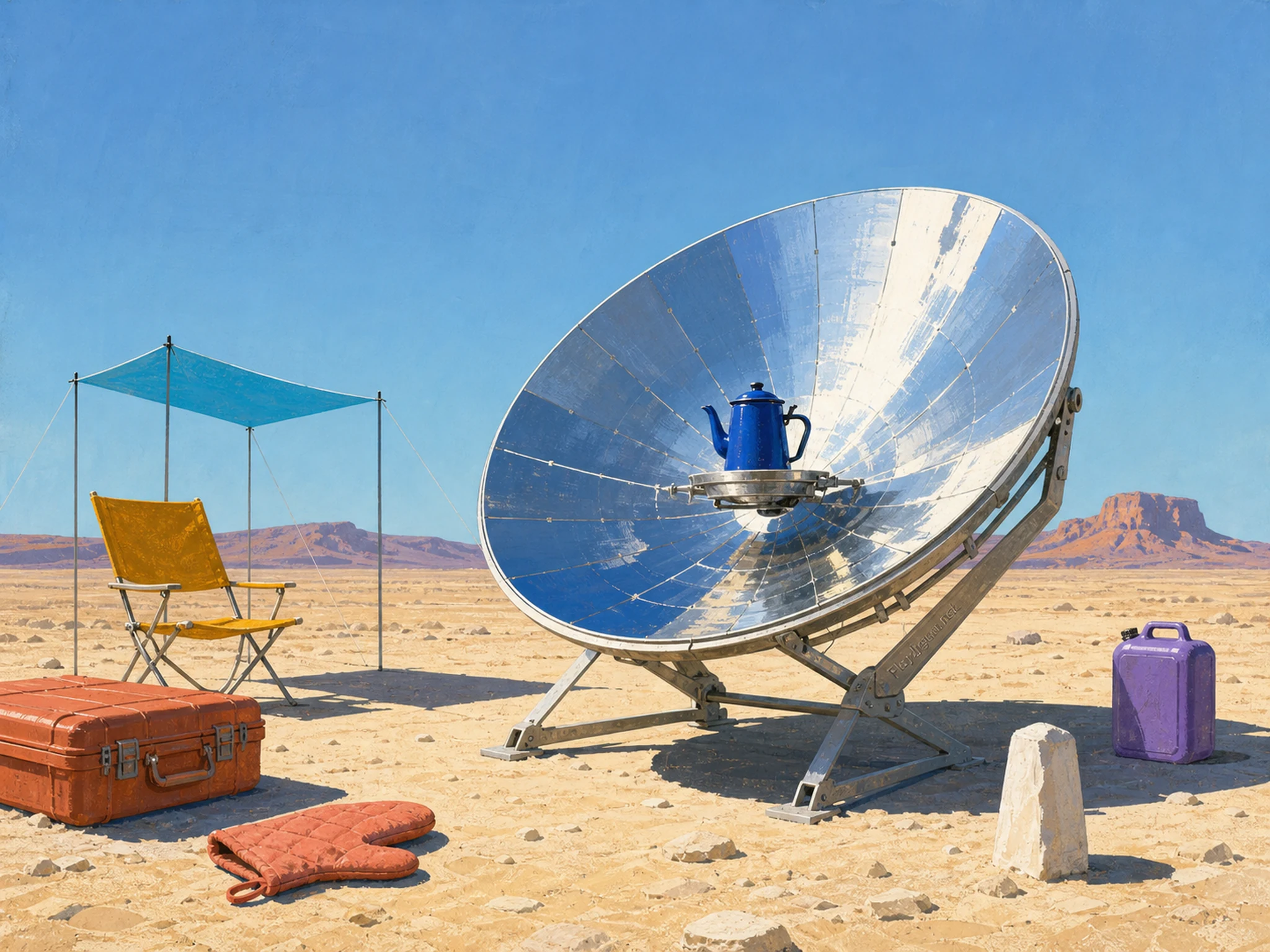 A high-desert science outpost with a silver parabolic solar cooker and cobalt kettle, saffron chair, terracotta case, cyan shade, white marker, coral glove, violet can, mesa, and a PlayJigsaw.net strut etching, rendered as desert editorial screenprint.