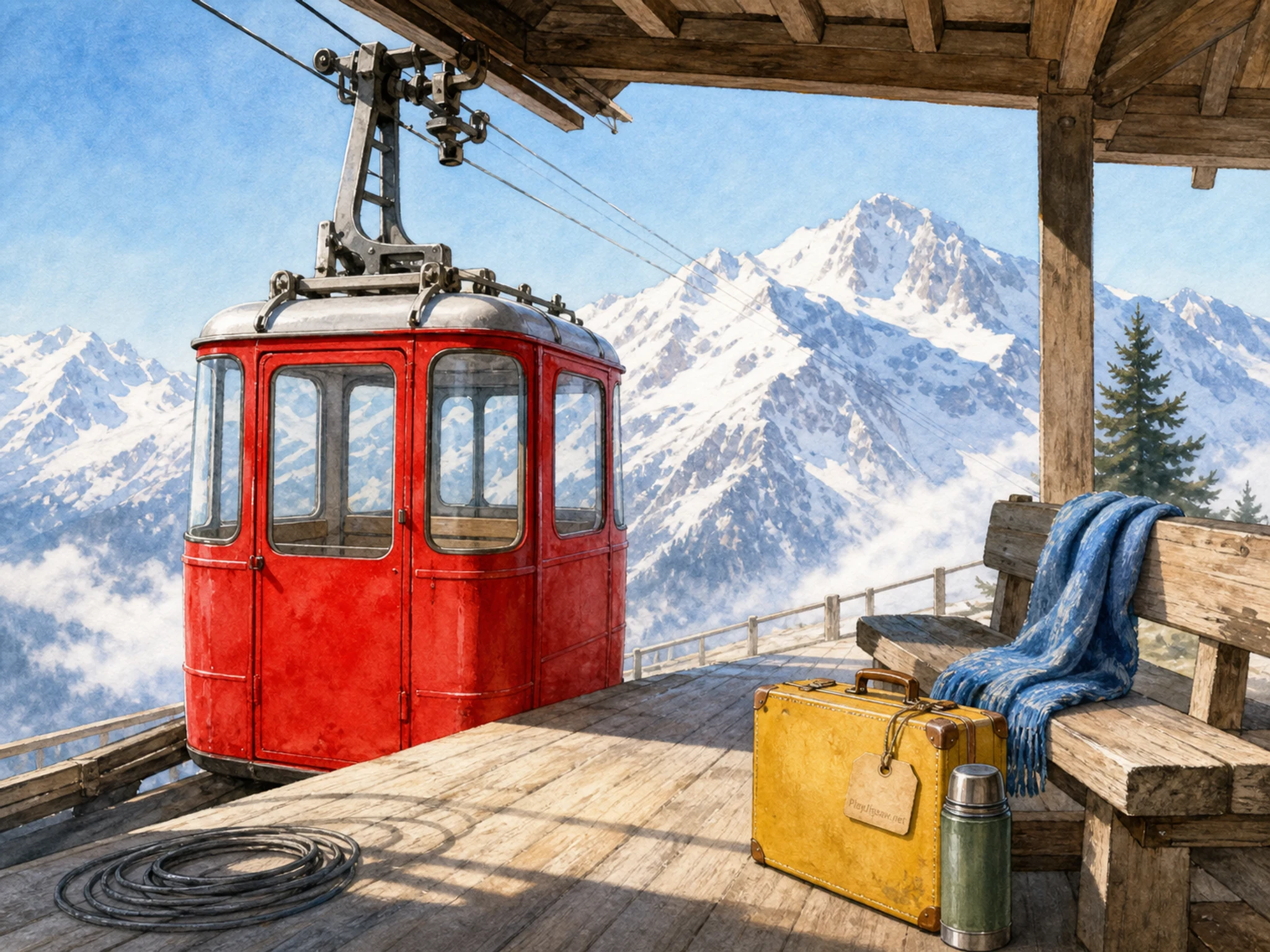 A clear alpine cable car station with a red cable car, wooden platform, snow ridge, pine silhouettes, ticket bench, signal lamp, distant peak, and a tiny printed in-world maker tag