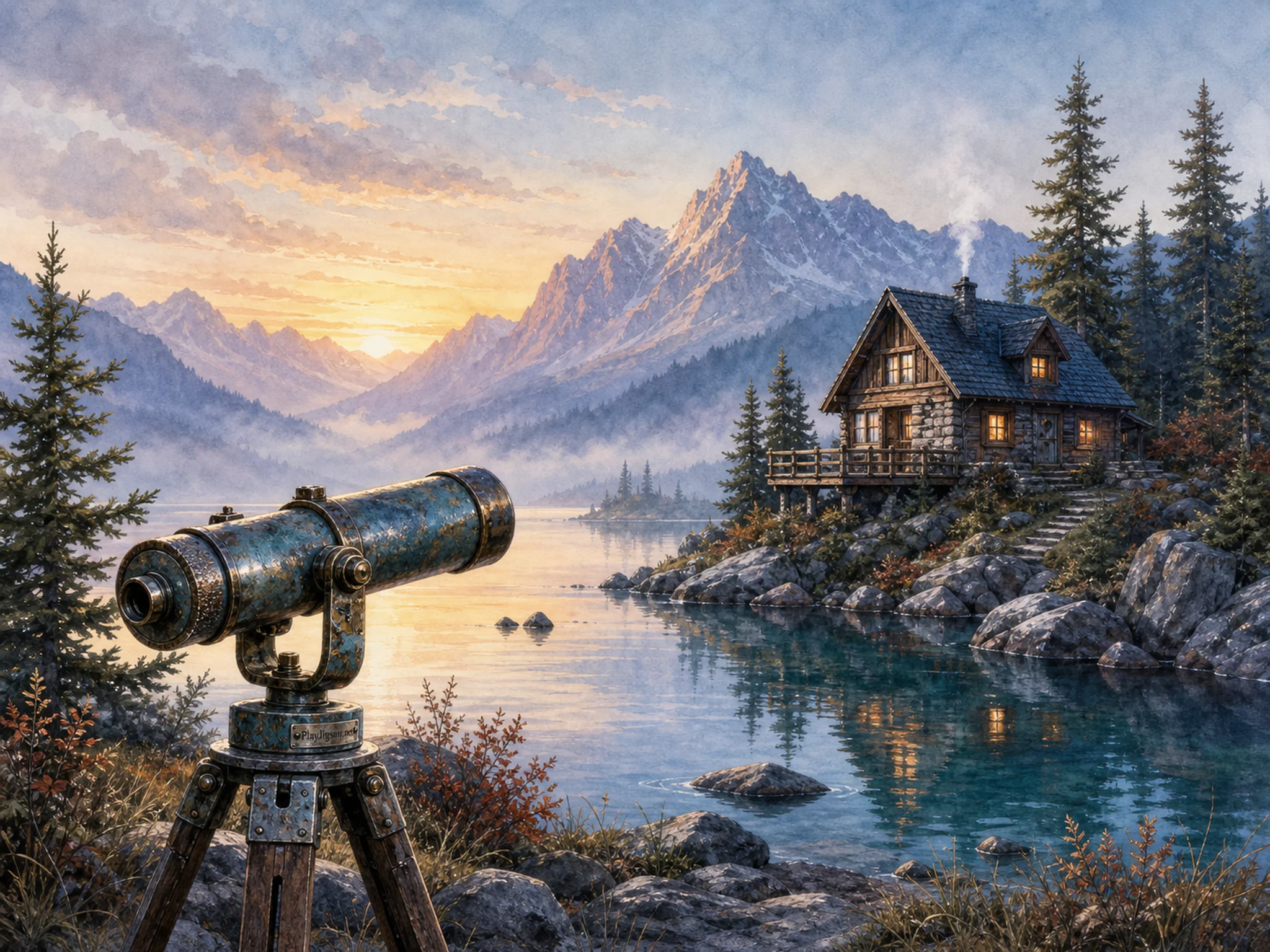 Cabin Lake overlooking weathered field telescope in a layered alpine shoreline, with layered scenery and calm misty dawn.