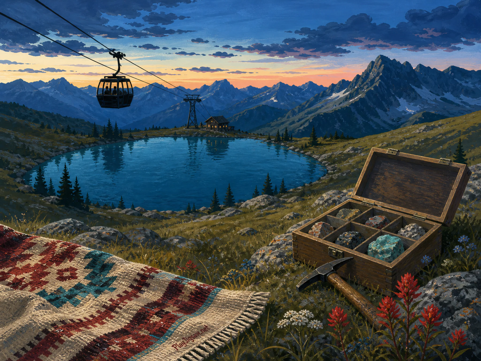 Cable Car Lake silhouetted against geologist sample box in an open highland meadow, with layered scenery and cool blue-hour light.