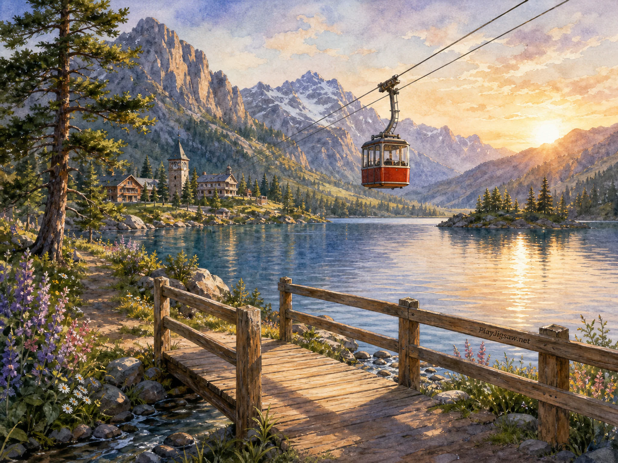 Cable Car Lake resting beside small timber footbridge in a broad river valley, with layered scenery and warm late-day sunlight.