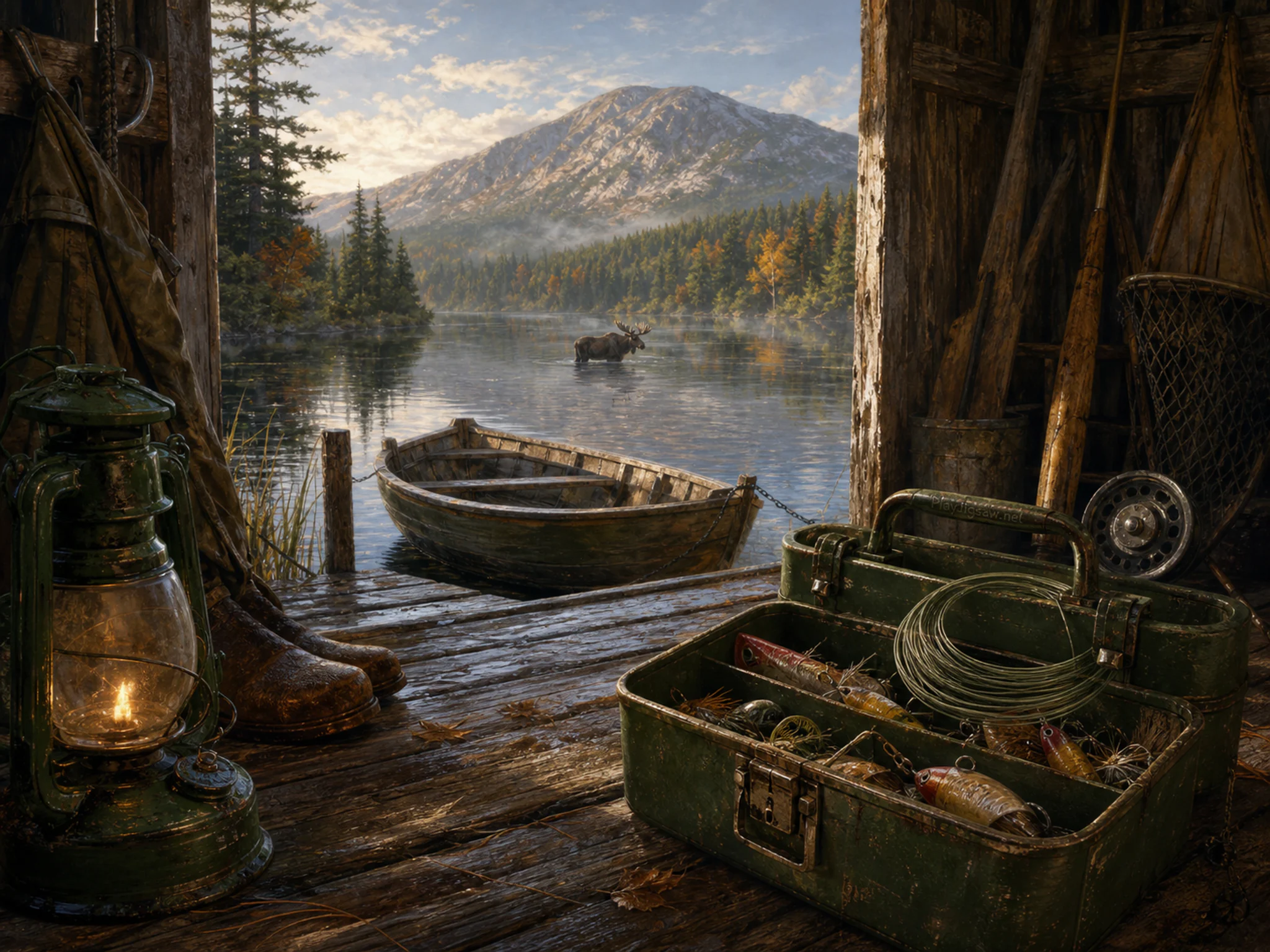 moose lake opening beyond a green fishing tackle box in a calm forest lake beside a small wooden boat shed, with familiar objects and bright diffused window light.