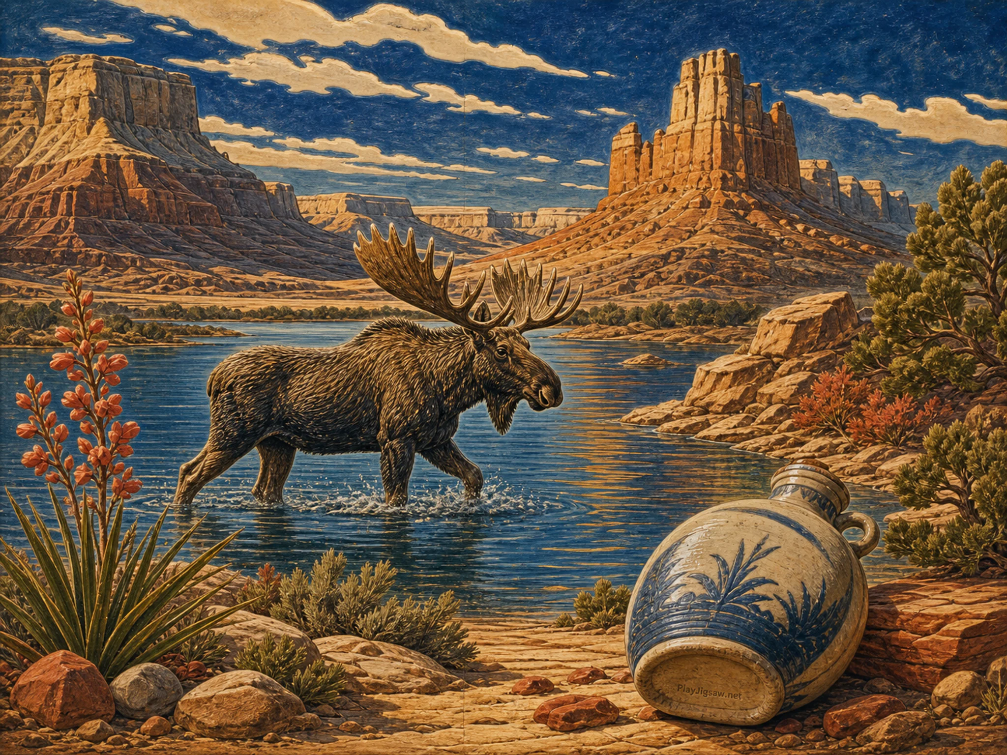 Moose Lake crossing ceramic water flask in a sculpted desert basin, with layered scenery and warm late-day sunlight.