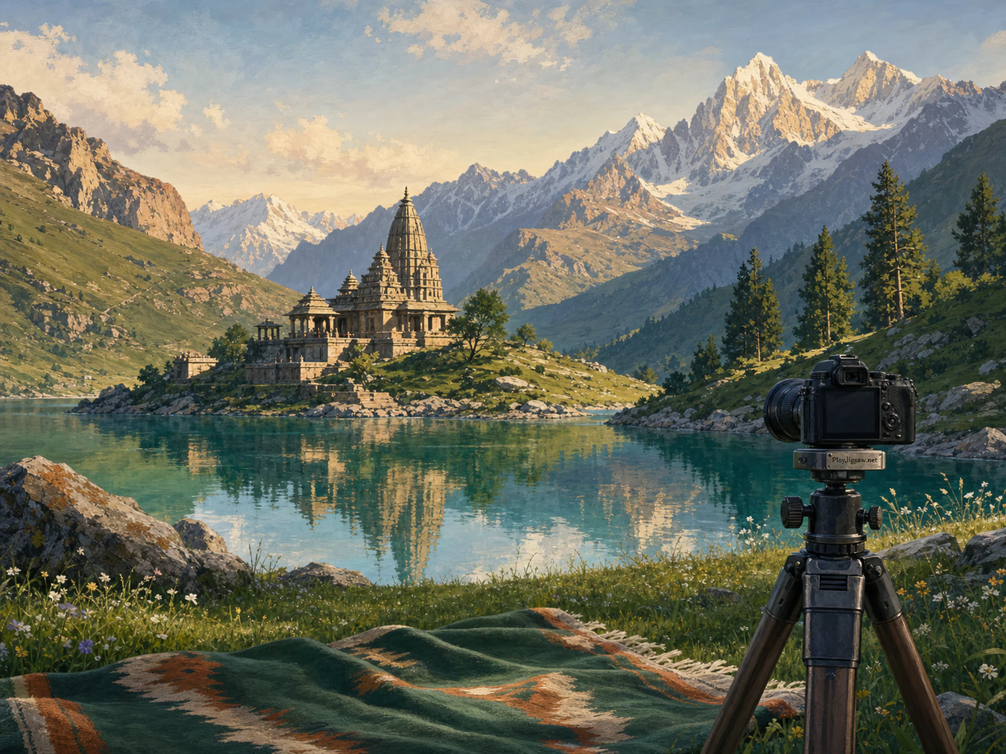Temple Lake following folded meadow blanket in a weather-filled panoramic vista, with layered scenery and clear early morning light.