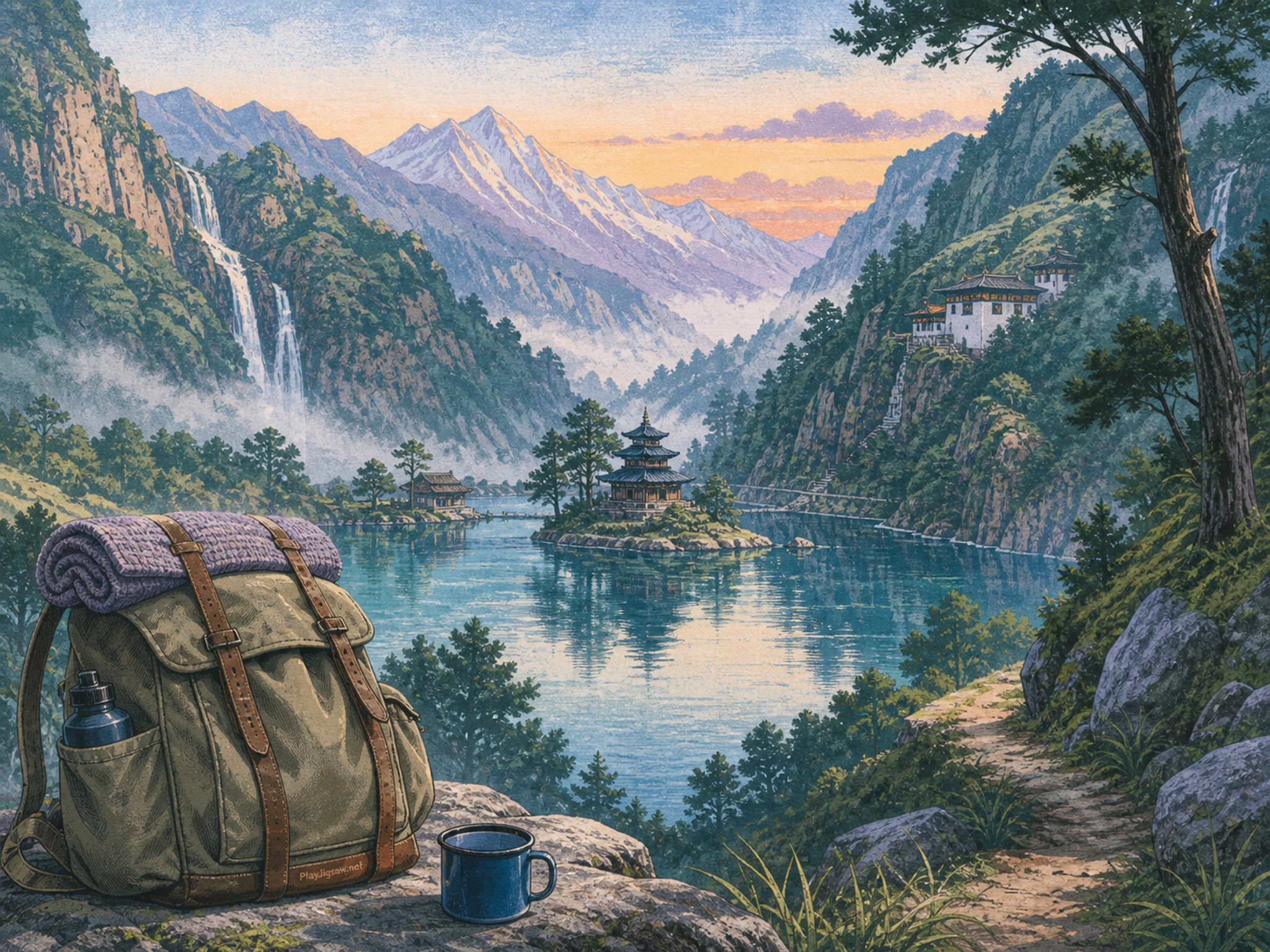 Temple Lake standing within canvas hiking pack in a deep green ravine, with layered scenery and calm misty dawn.