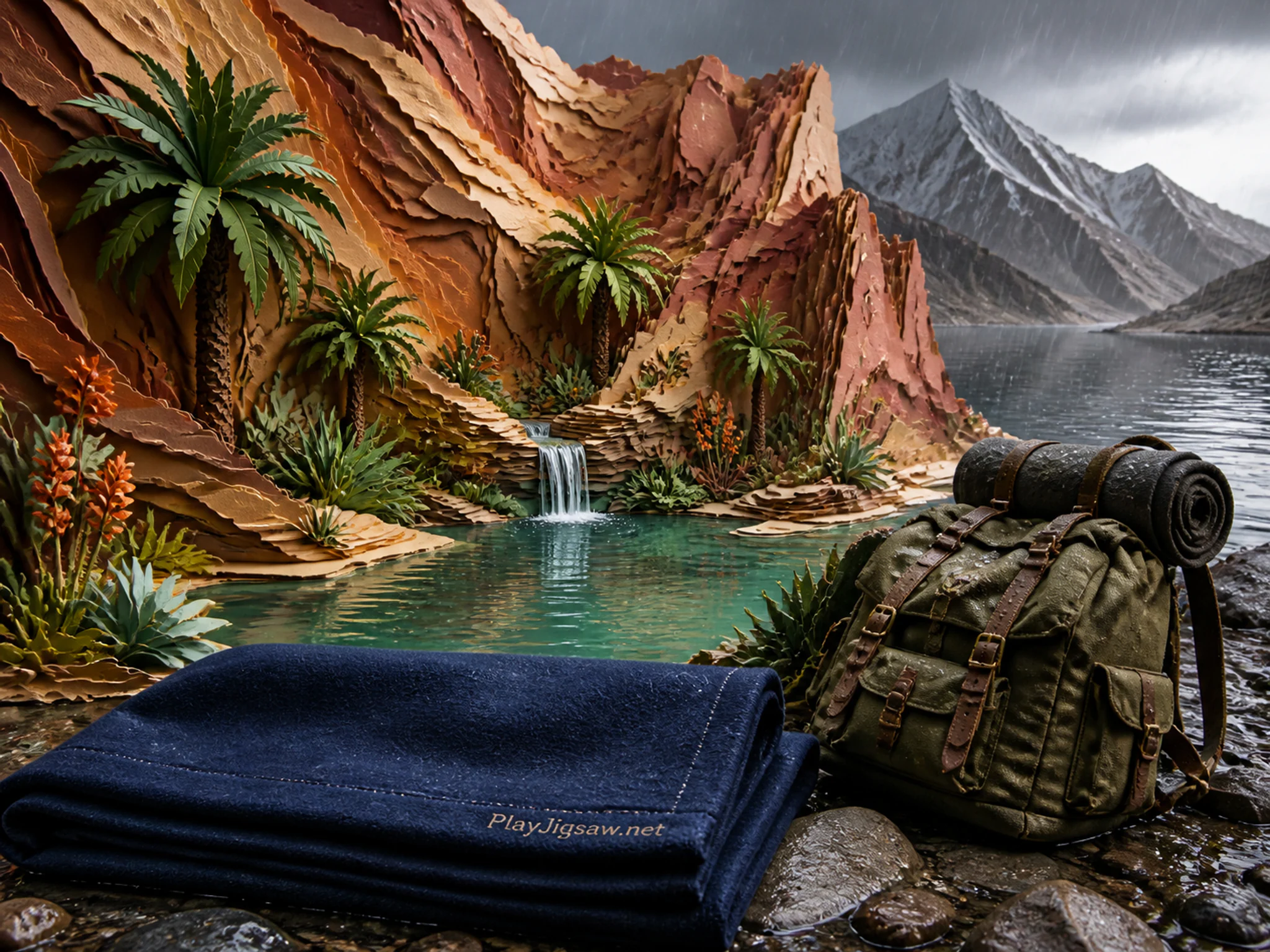 Canyon Oasis silhouetted against canvas hiking pack in a layered alpine shoreline, with layered scenery and gentle rain with crisp reflections.