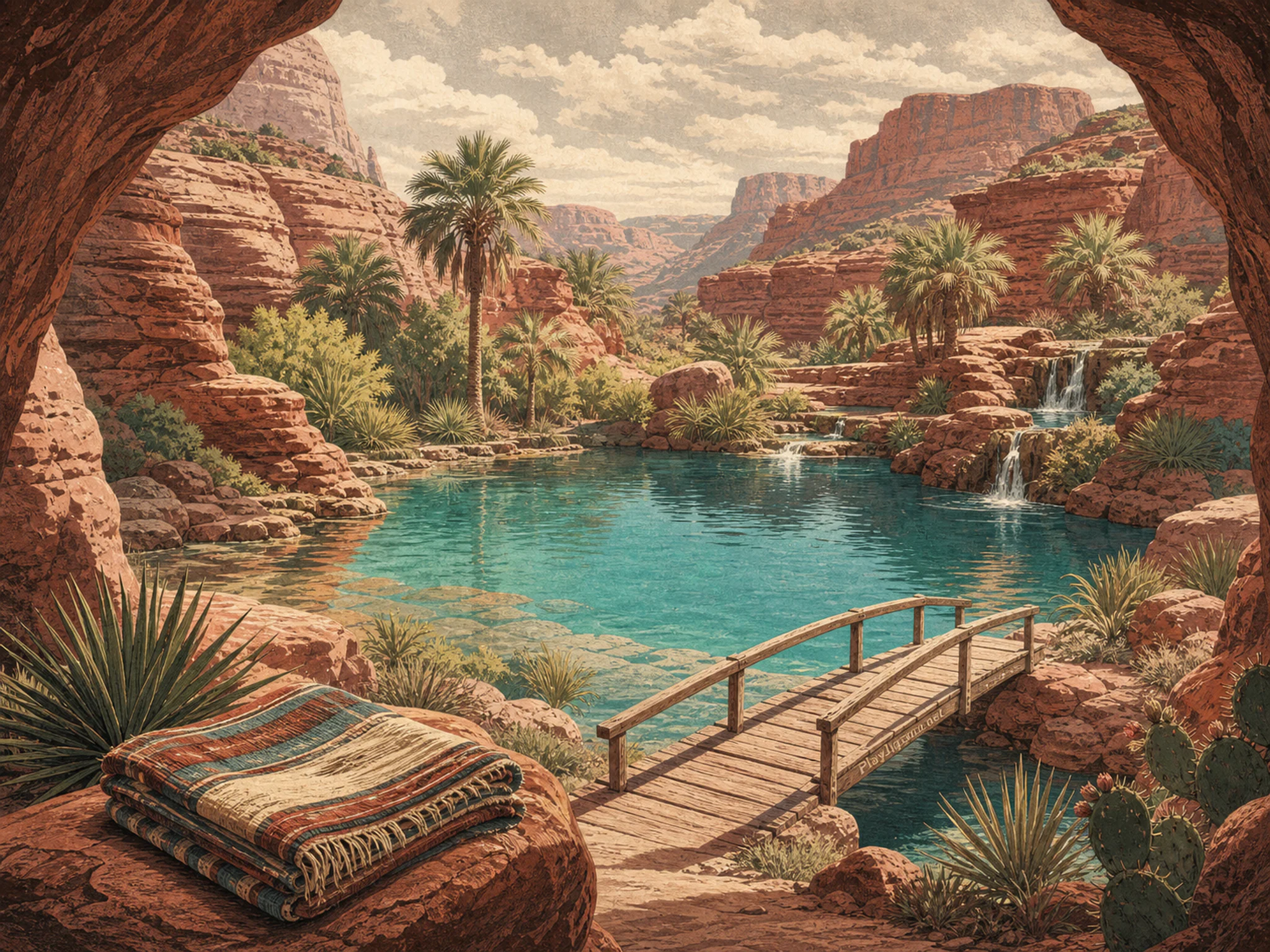Canyon Oasis resting beside folded meadow blanket in a sculpted desert basin, with layered scenery and soft overcast afternoon.