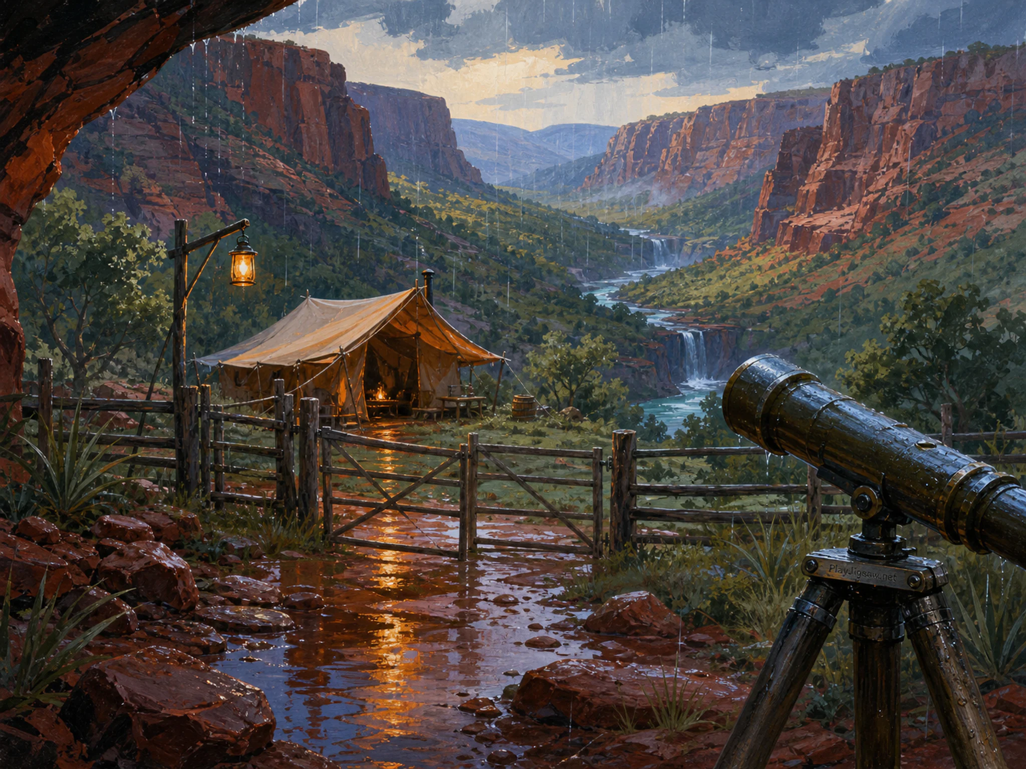 Red Rock Camp framing painted farm gate in a deep green ravine, with layered scenery and gentle rain with crisp reflections.