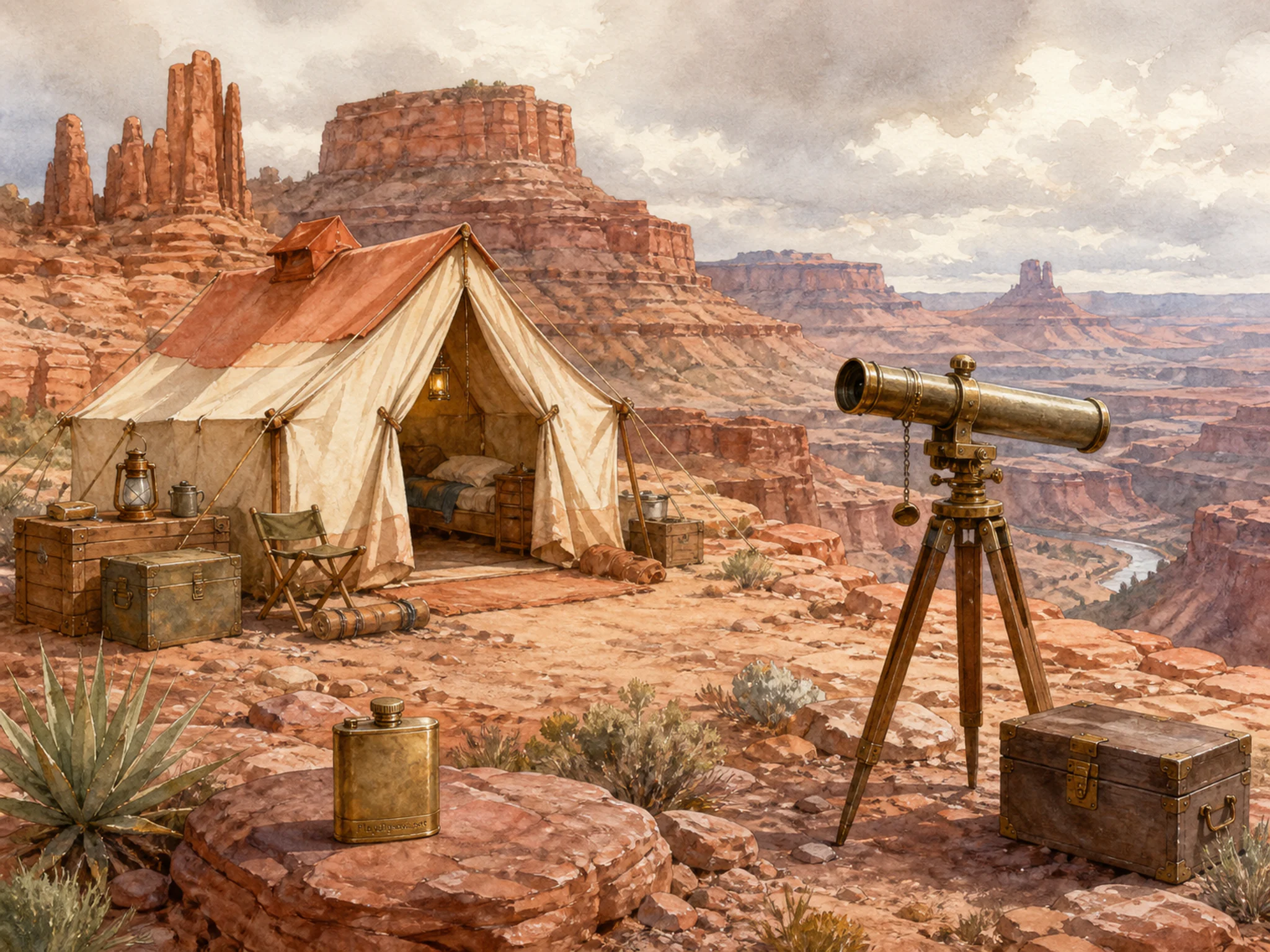 Red Rock Camp crossing weathered field telescope in a dramatic geological formation, with layered scenery and soft overcast afternoon.