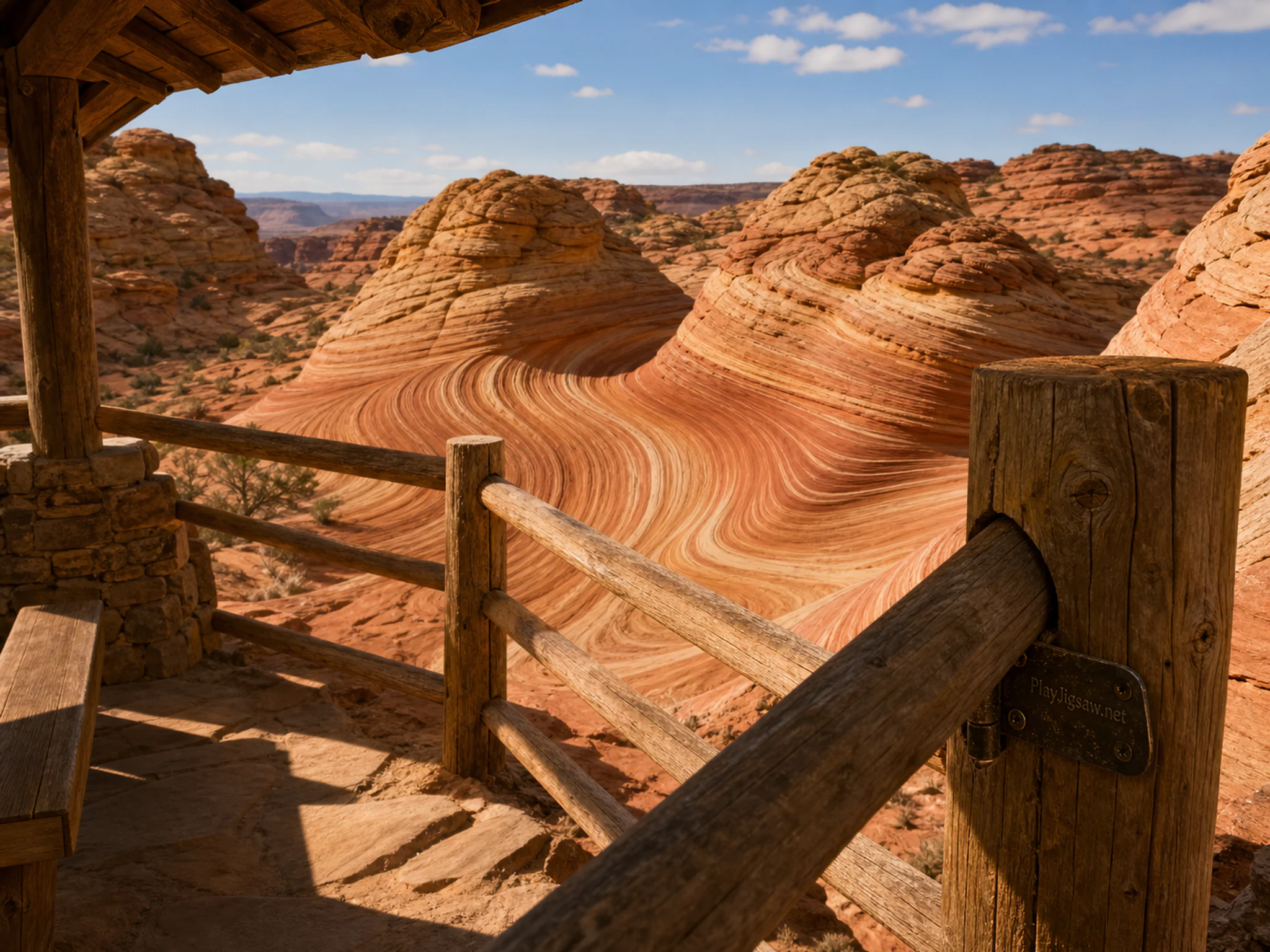 sandstone wave opening beyond a painted trail post in a sandstone-wave trail viewpoint beside a modest roadside shelter, with familiar objects and calm misty dawn.