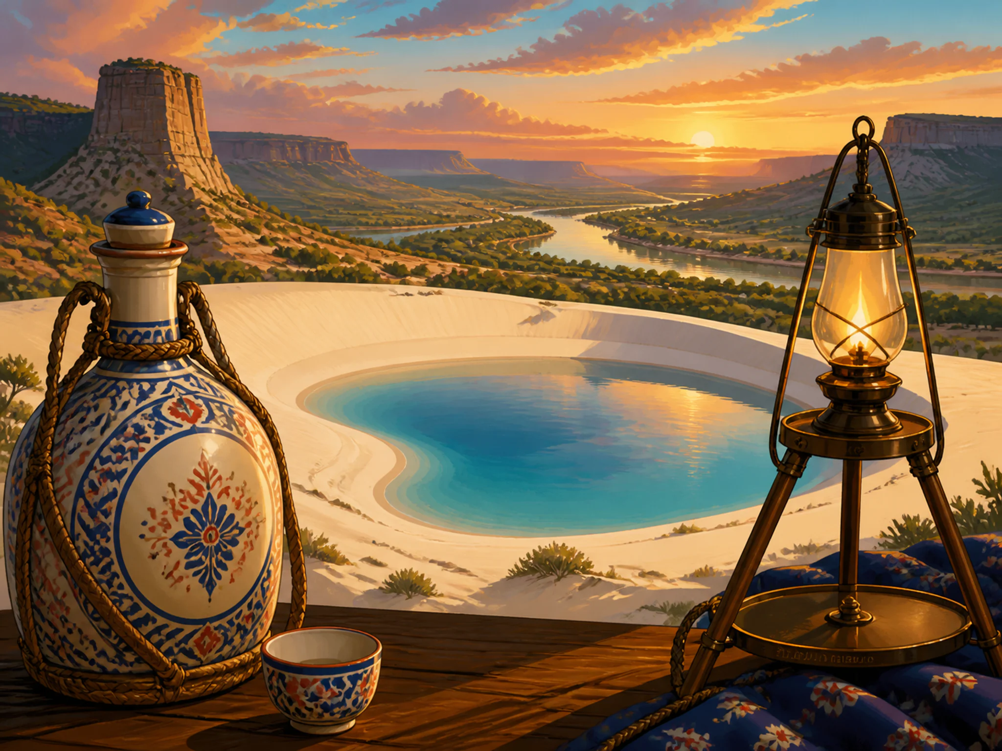 White Dune Lagoon following ceramic water flask in a broad river valley, with layered scenery and golden lamplight at dusk.
