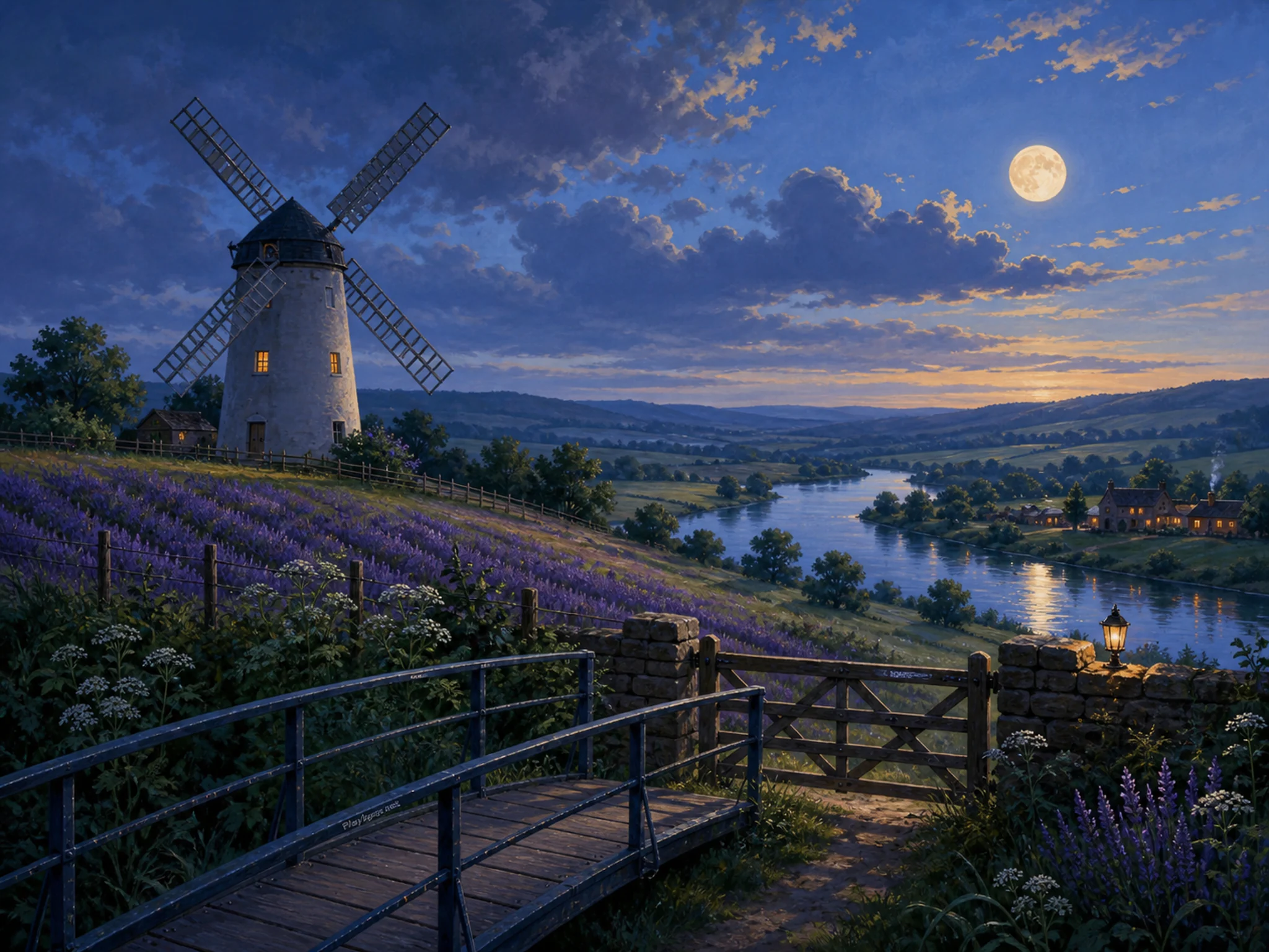 Lavender Windmill overlooking painted farm gate in a broad river valley, with layered scenery and cool blue-hour light.
