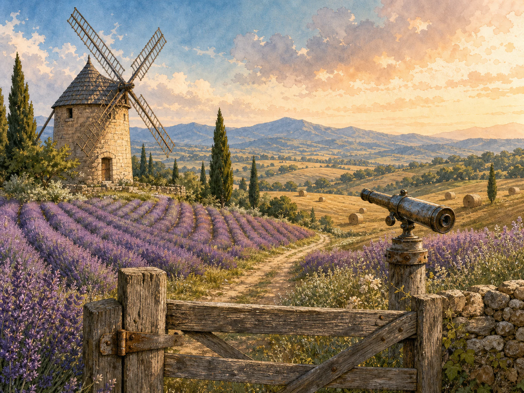 Lavender Windmill leading toward weathered field telescope in a cultivated rolling plain, with layered scenery and warm late-day sunlight.