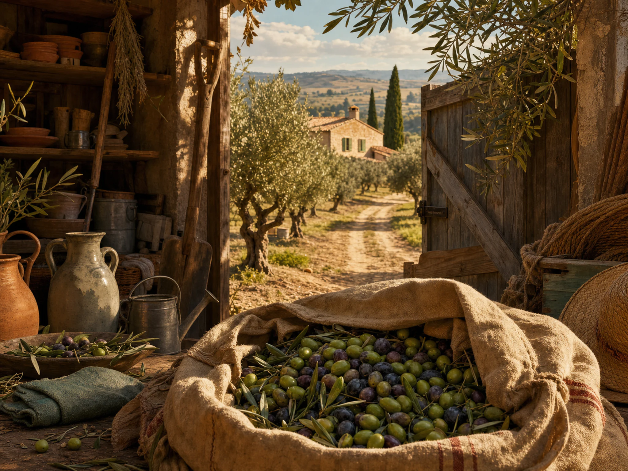 olive farm opening beyond a canvas harvest bag in an olive grove beside a farmhouse and dusty farm track, with familiar objects and golden kitchen-window light.