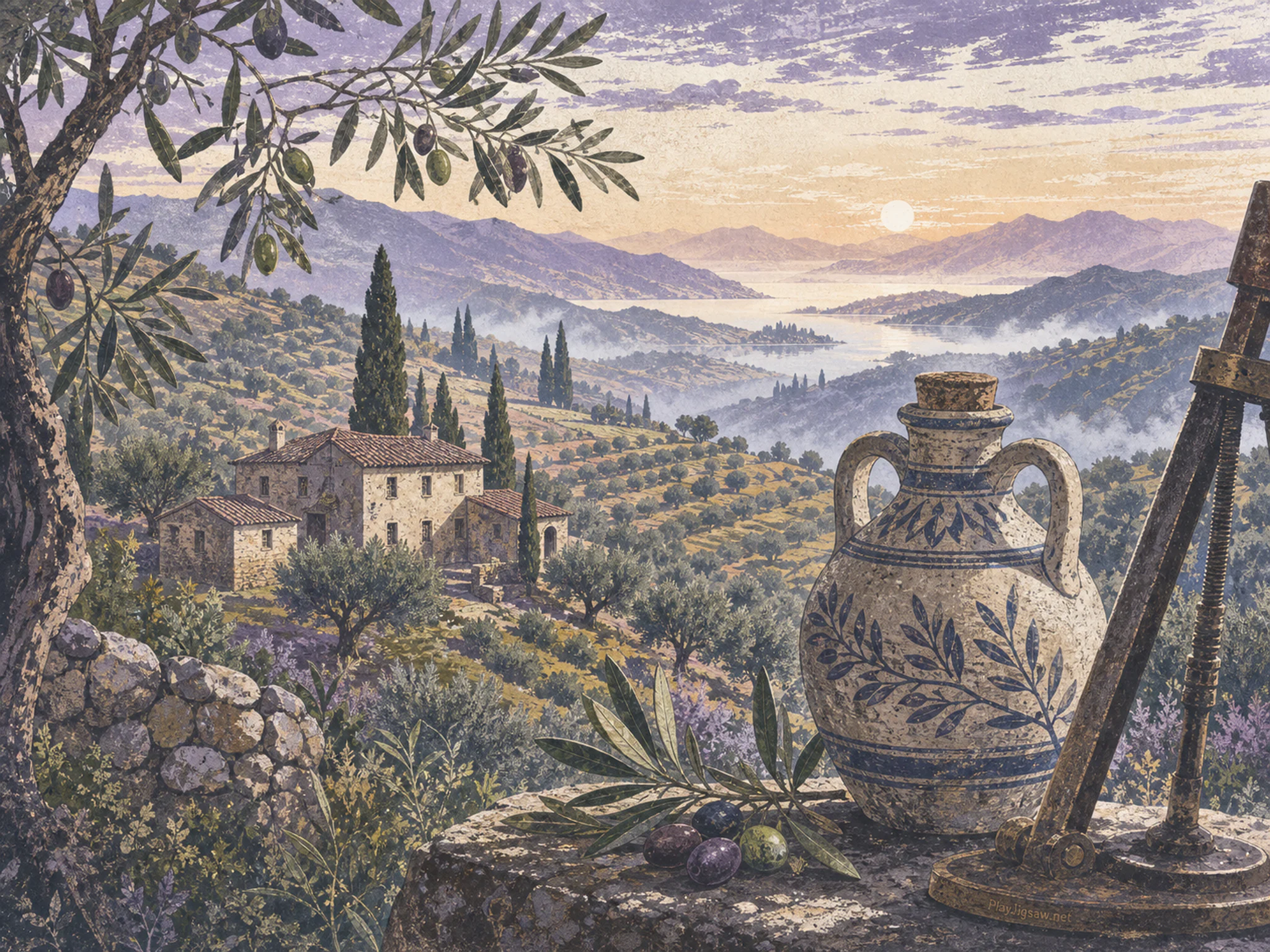 Olive Farm framing ceramic water flask in a weather-filled panoramic vista, with layered scenery and calm misty dawn.