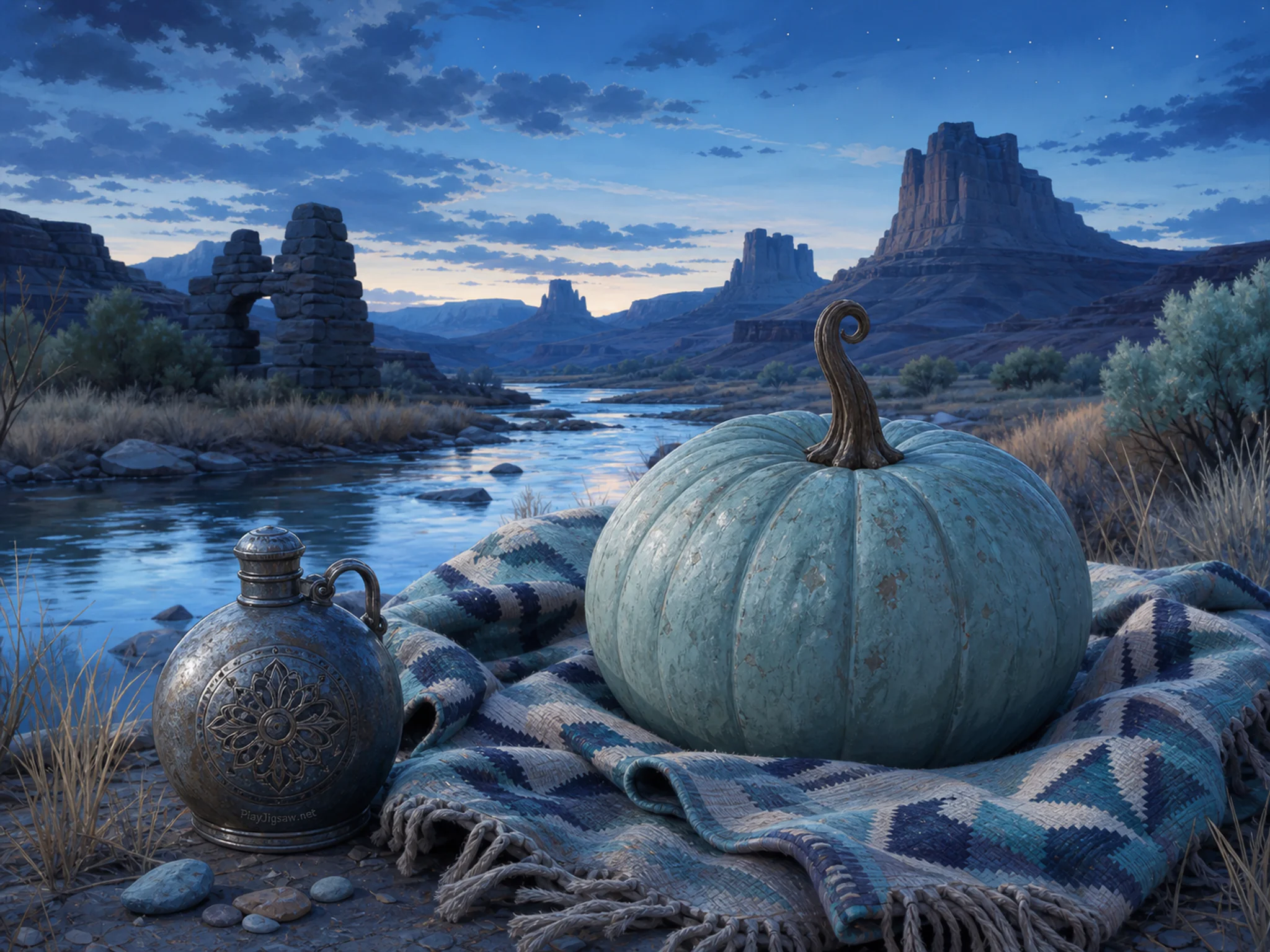 Pumpkin Riverside standing within folded meadow blanket in a sculpted desert basin, with layered scenery and cool blue-hour light.