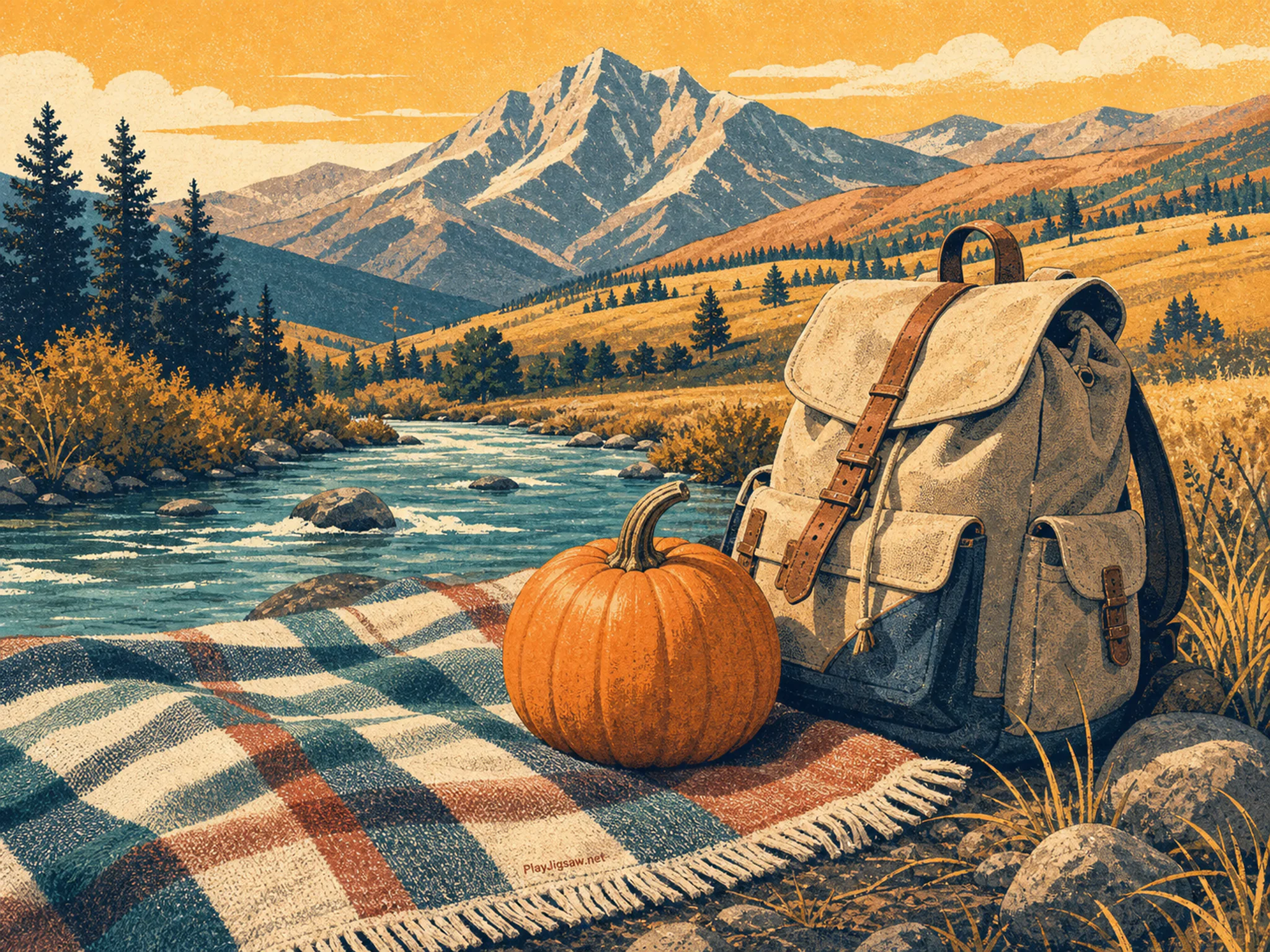 Pumpkin Riverside following canvas hiking pack in an open highland meadow, with layered scenery and warm late-day sunlight.