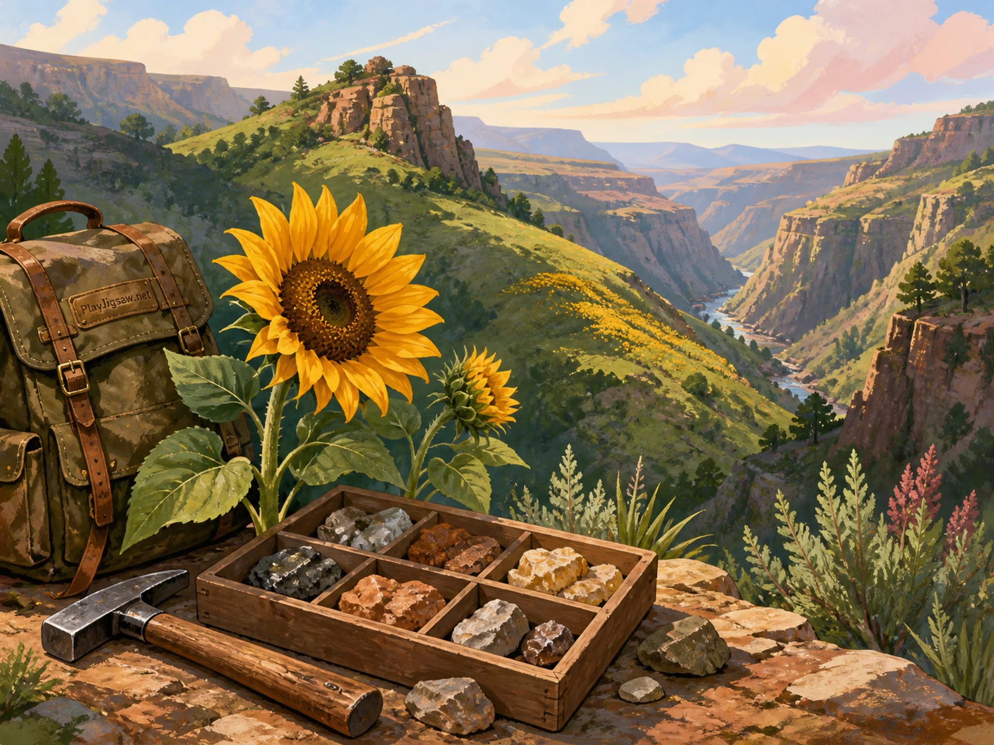 Sunflower Hills resting beside geologist sample box in a deep green ravine, with layered scenery and clear early morning light.