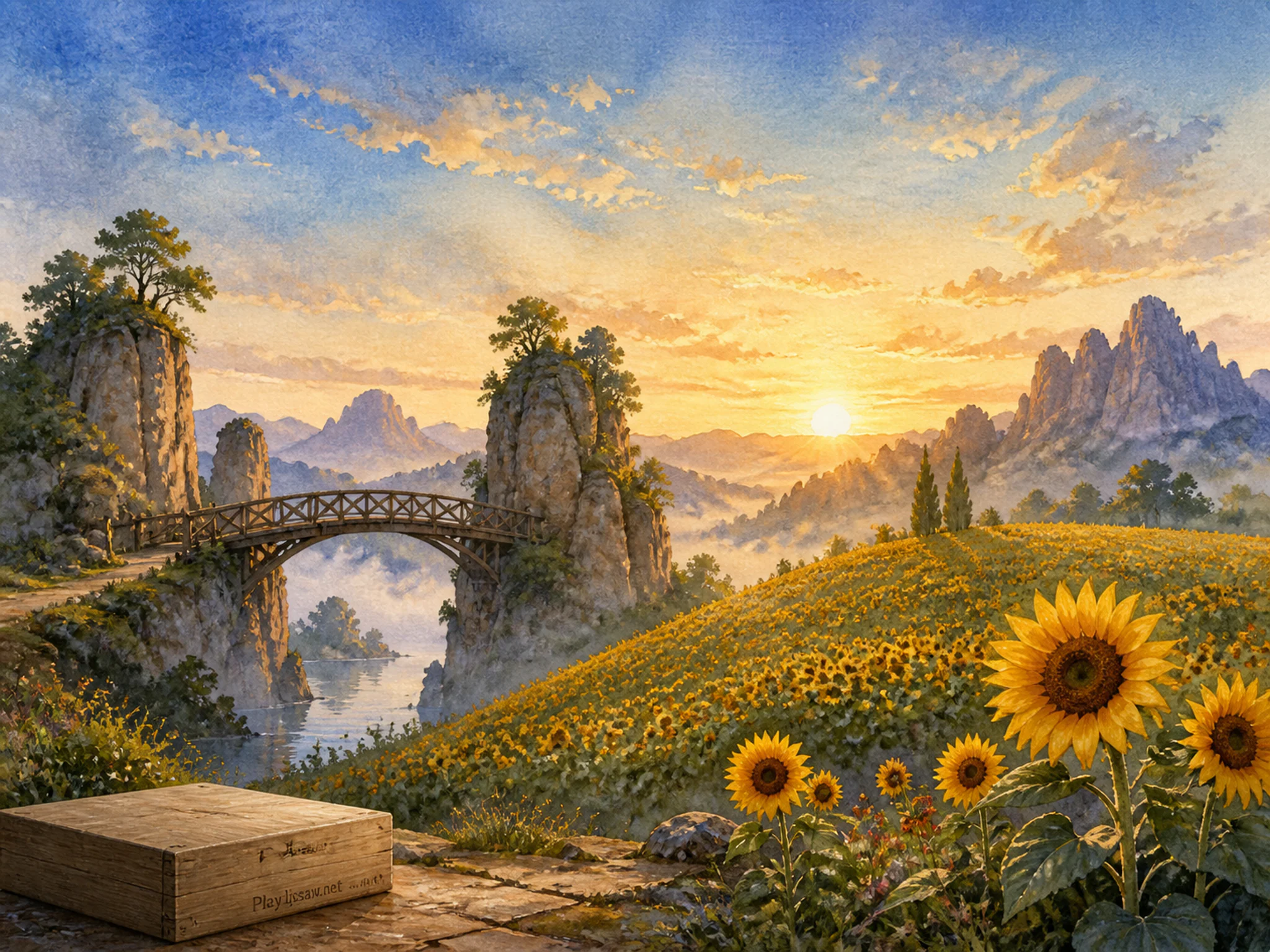 Sunflower Hills silhouetted against small timber footbridge in a dramatic geological formation, with layered scenery and calm misty dawn.
