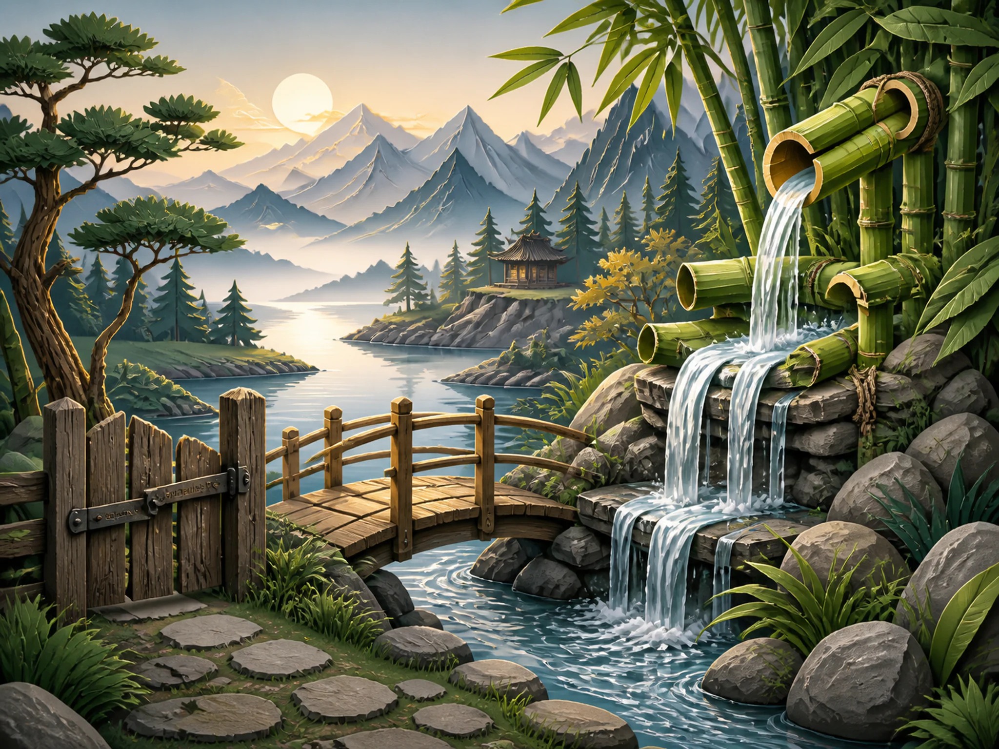 Bamboo Waterfall crossing small timber footbridge in a layered alpine shoreline, with layered scenery and calm misty dawn.