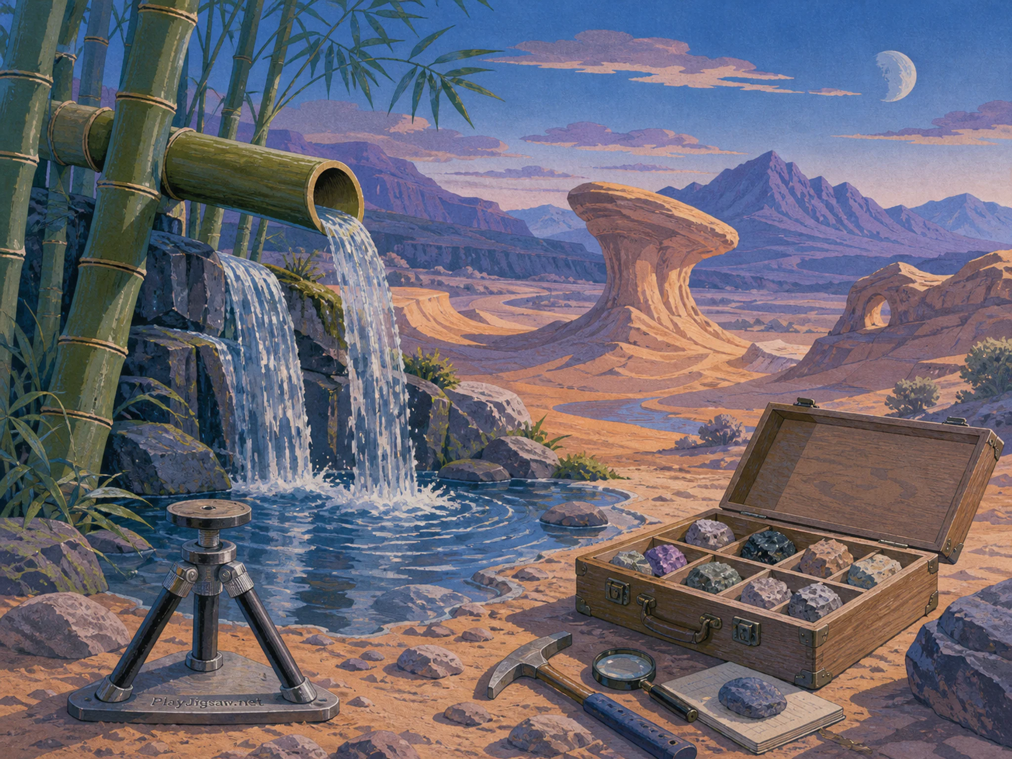 Bamboo Waterfall framing geologist sample box in a sculpted desert basin, with layered scenery and cool blue-hour light.