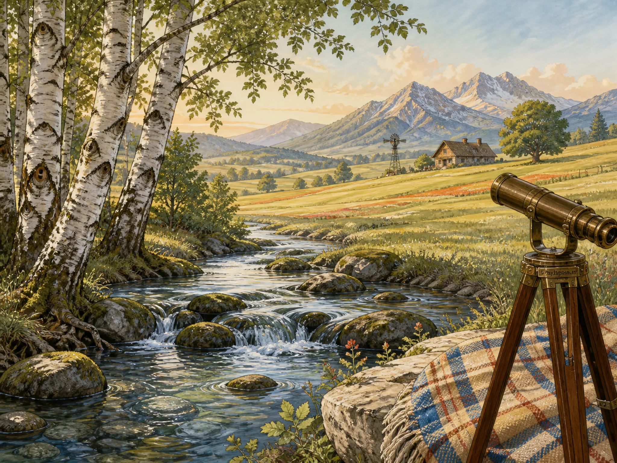 Birch Creek overlooking folded meadow blanket in a cultivated rolling plain, with layered scenery and clear early morning light.