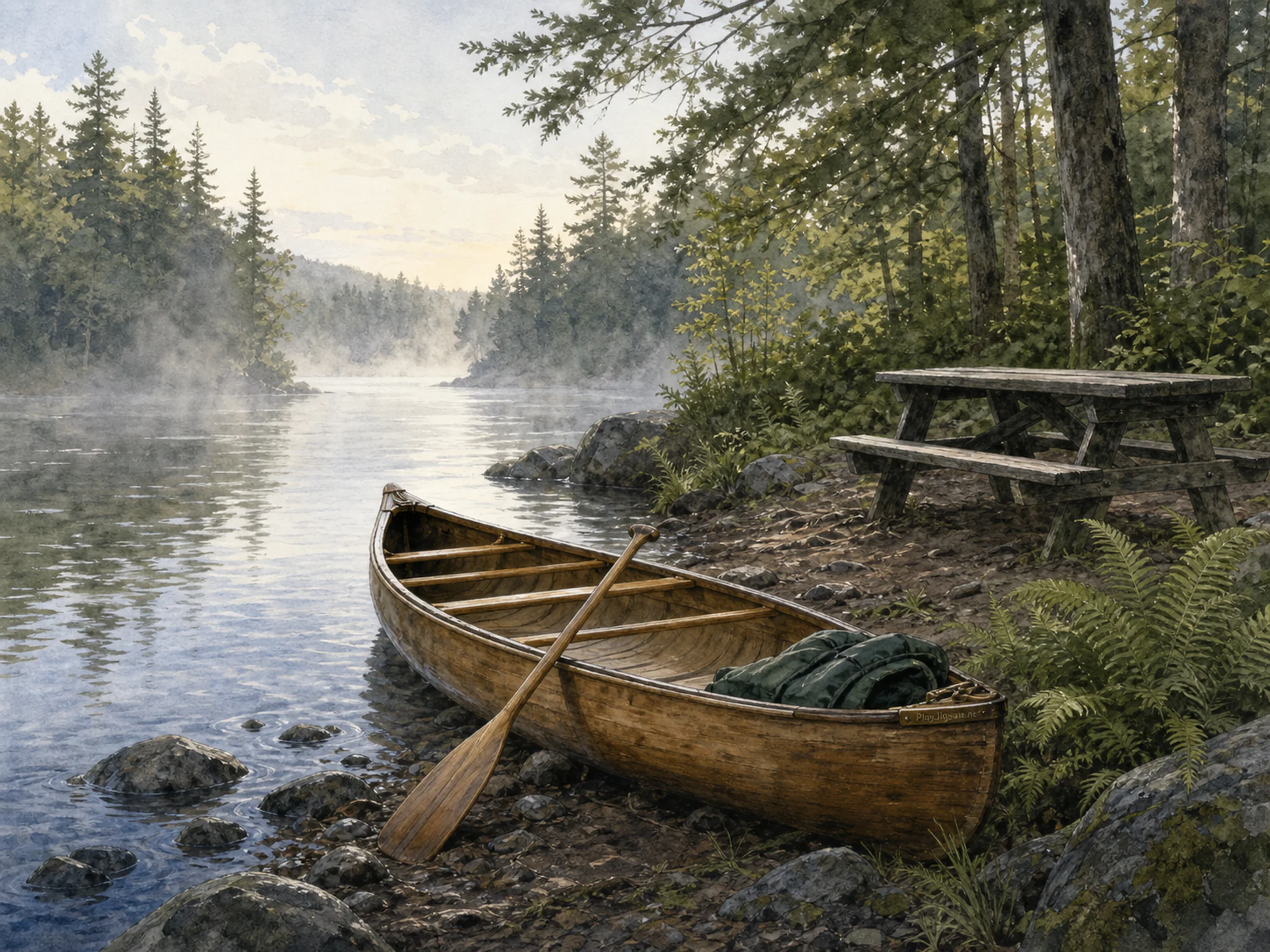 canoe forest river opening beyond a small wooden canoe in a forest-river canoe landing near a familiar picnic bench, with familiar objects and clear early-morning light.