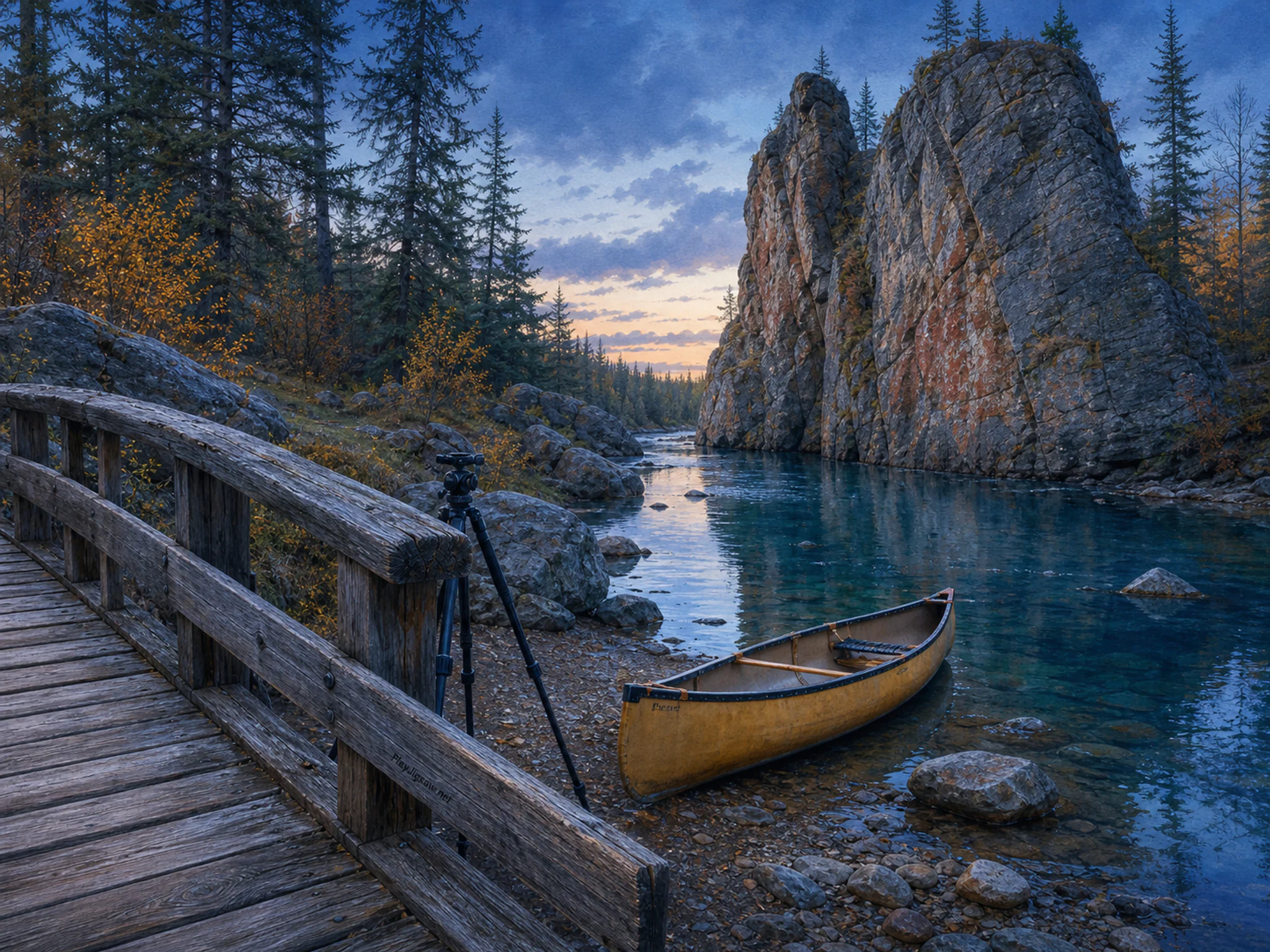 Canoe Forest River resting beside sturdy camera tripod in a dramatic geological formation, with layered scenery and cool blue-hour light.