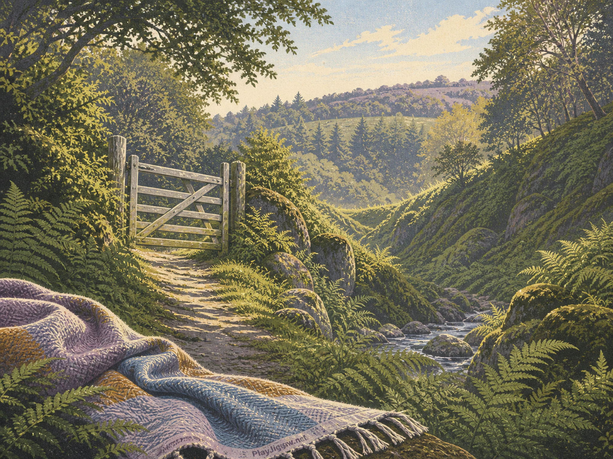 Fern Ravine following painted farm gate in a deep green ravine, with layered scenery and clear early morning light.