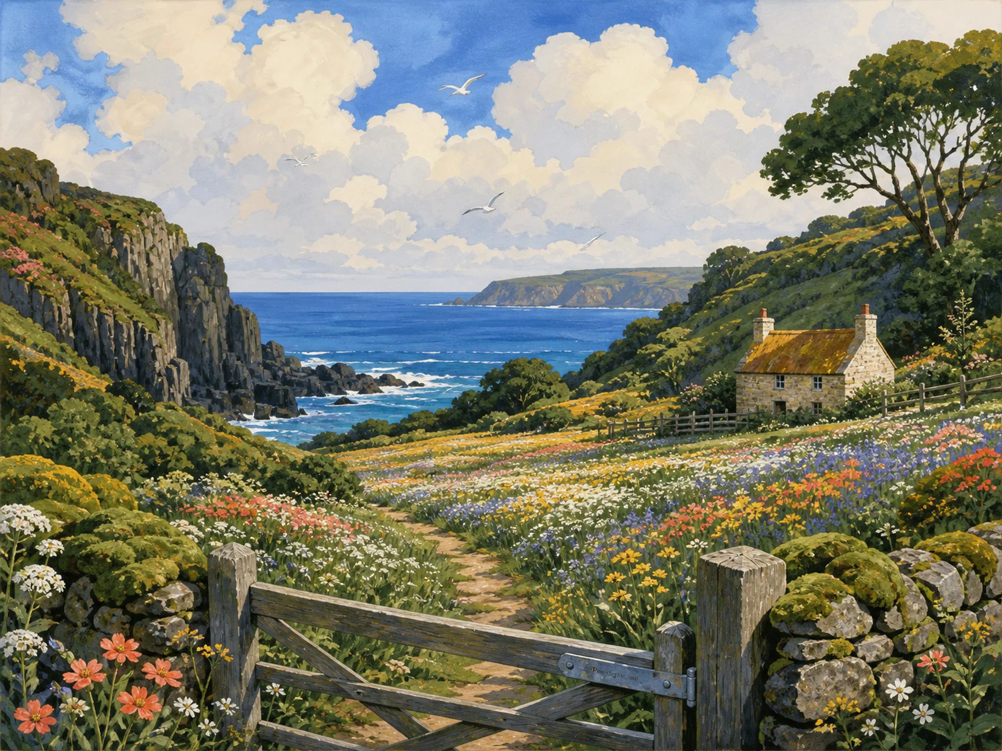 Basalt Coast crossing folded meadow blanket in a deep green ravine, with layered scenery and bright diffused window light.