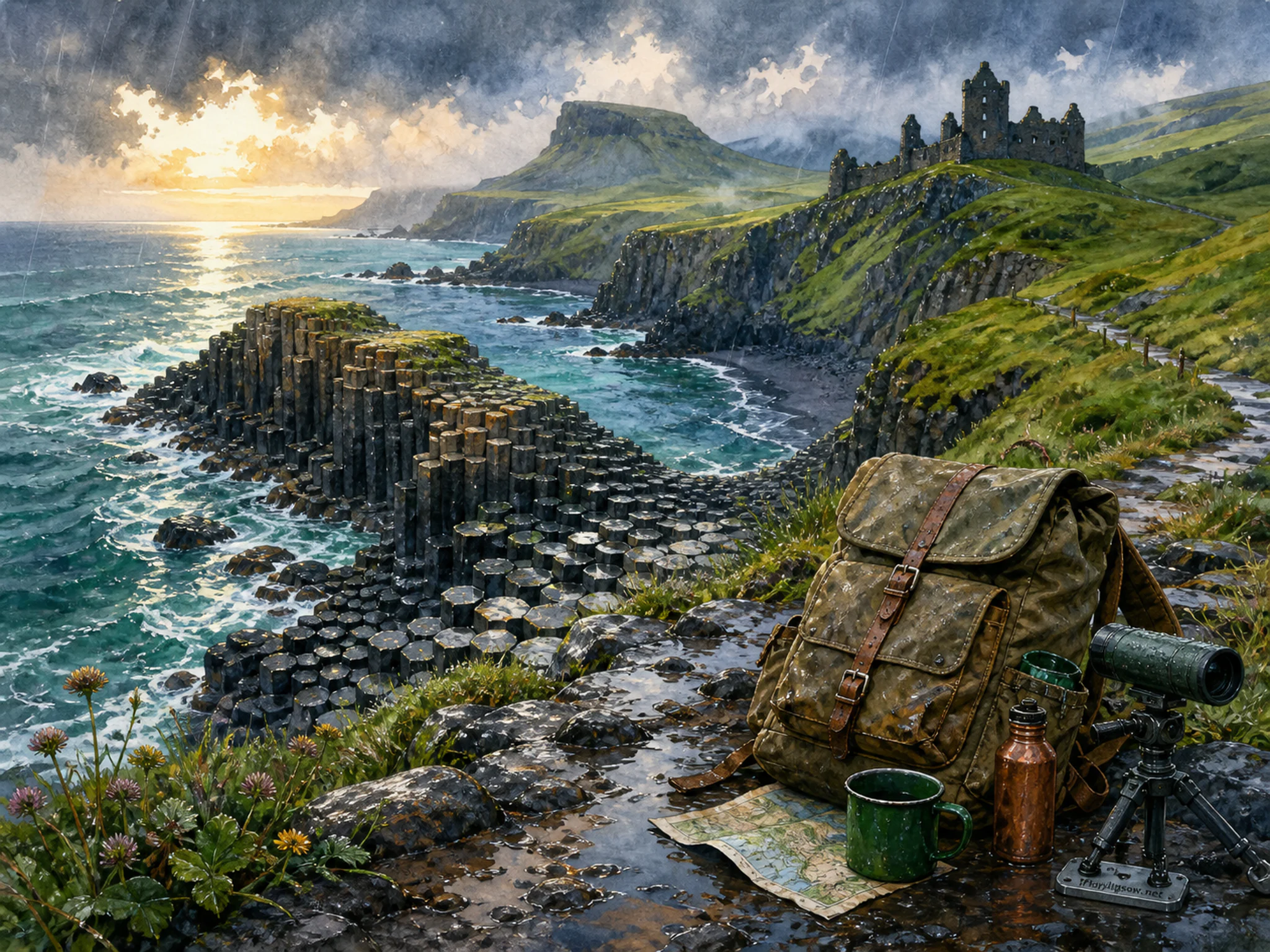 Basalt Coast framing canvas hiking pack in a dramatic geological formation, with layered scenery and gentle rain with crisp reflections.