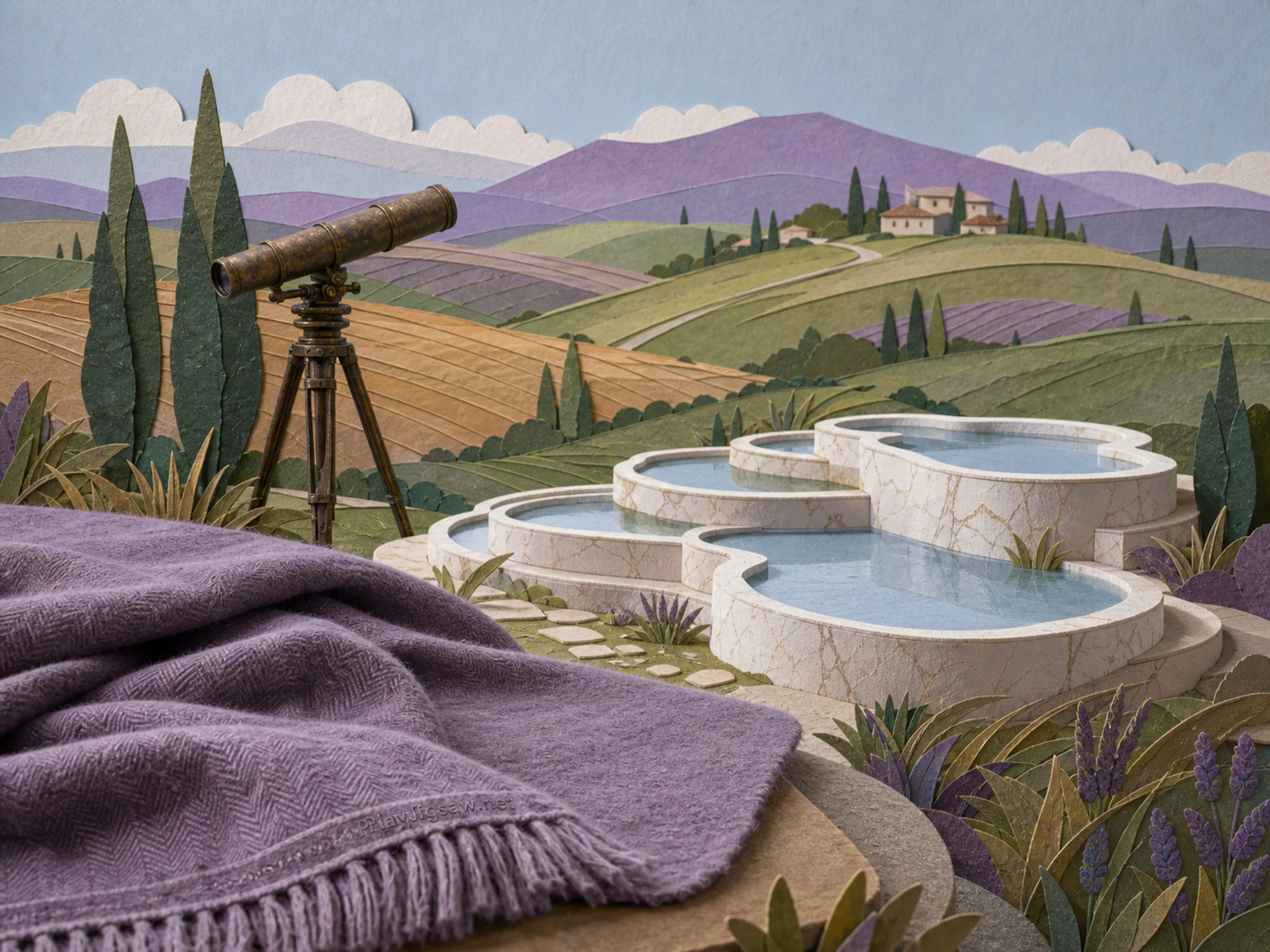 Marble Pools silhouetted against weathered field telescope in a cultivated rolling plain, with layered scenery and bright diffused window light.