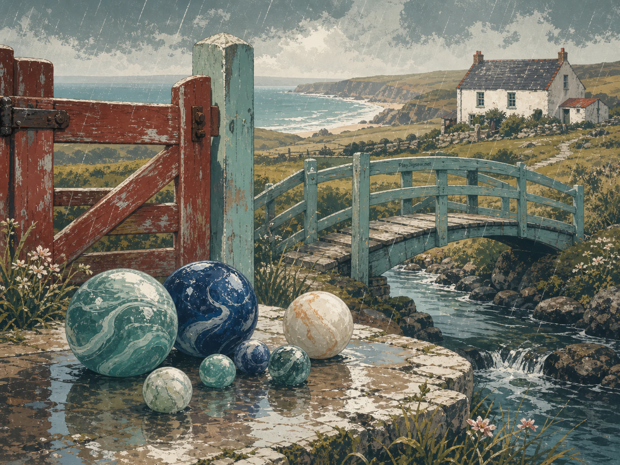 Marble Pools resting beside painted farm gate in a weather-filled panoramic vista, with layered scenery and gentle rain with crisp reflections.